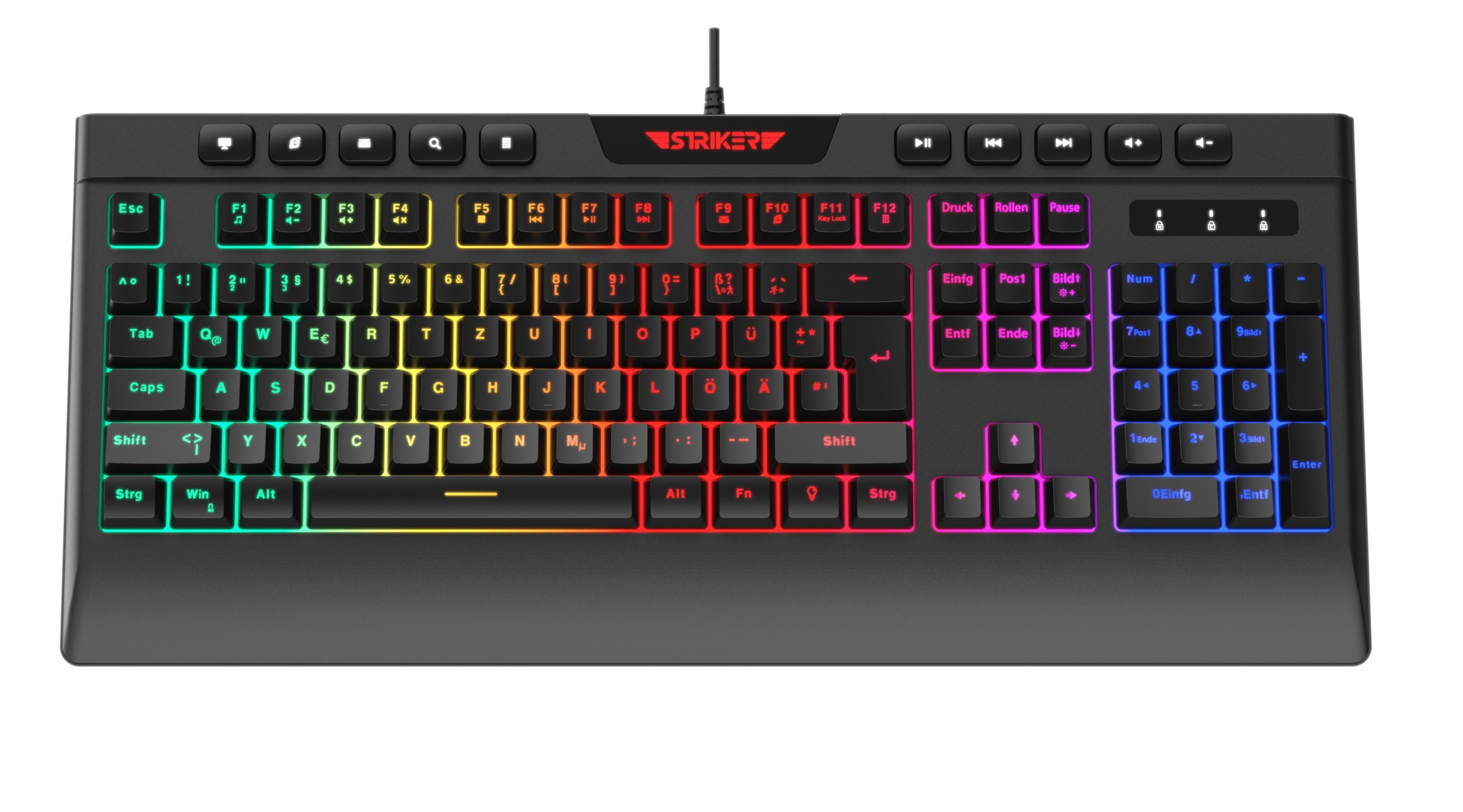 Eine schwarze Tastatur mit bunten Tasten. Text: Striker. Tastaturtasten sind in verschiedenen Farben beleuchtet.