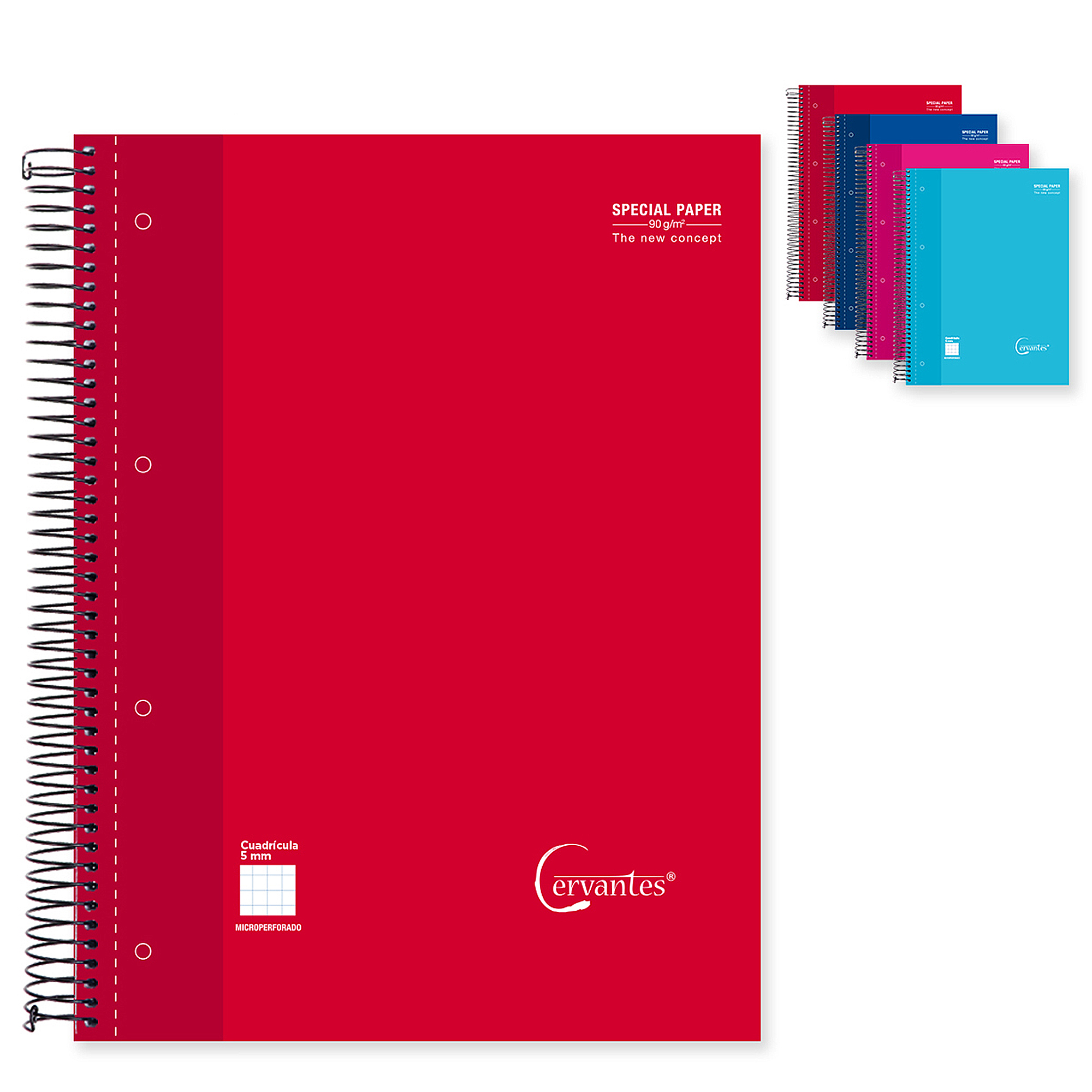 Ein rotes Notizbuch mit Text: Cuadricula 5 mm. Mehrere Notizbücher sind im Hintergrund sichtbar.