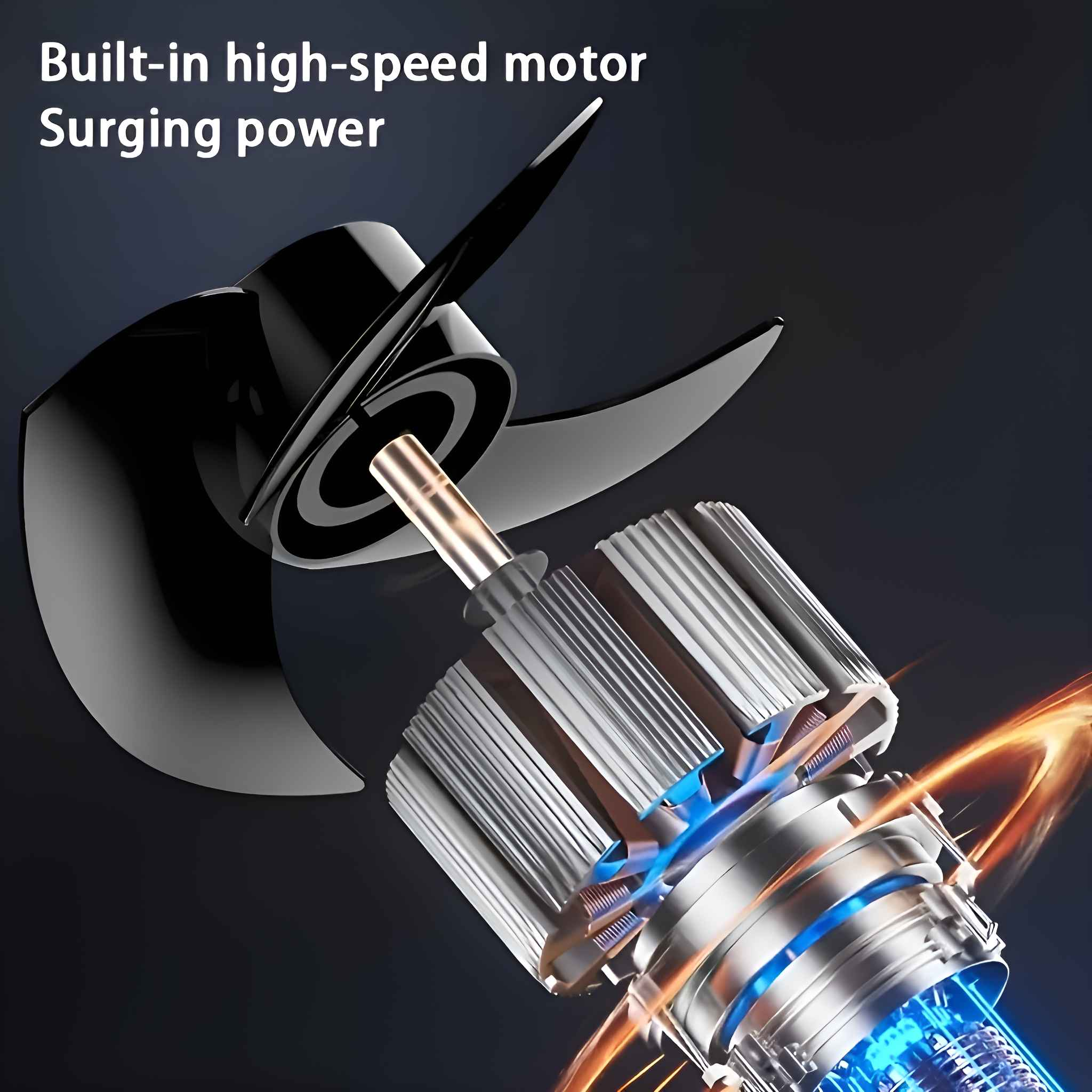 Nahaufnahme eines Motors mit Propeller. Es ist schwarz und hat ein blaues Licht. Der Hintergrund ist dunkel.