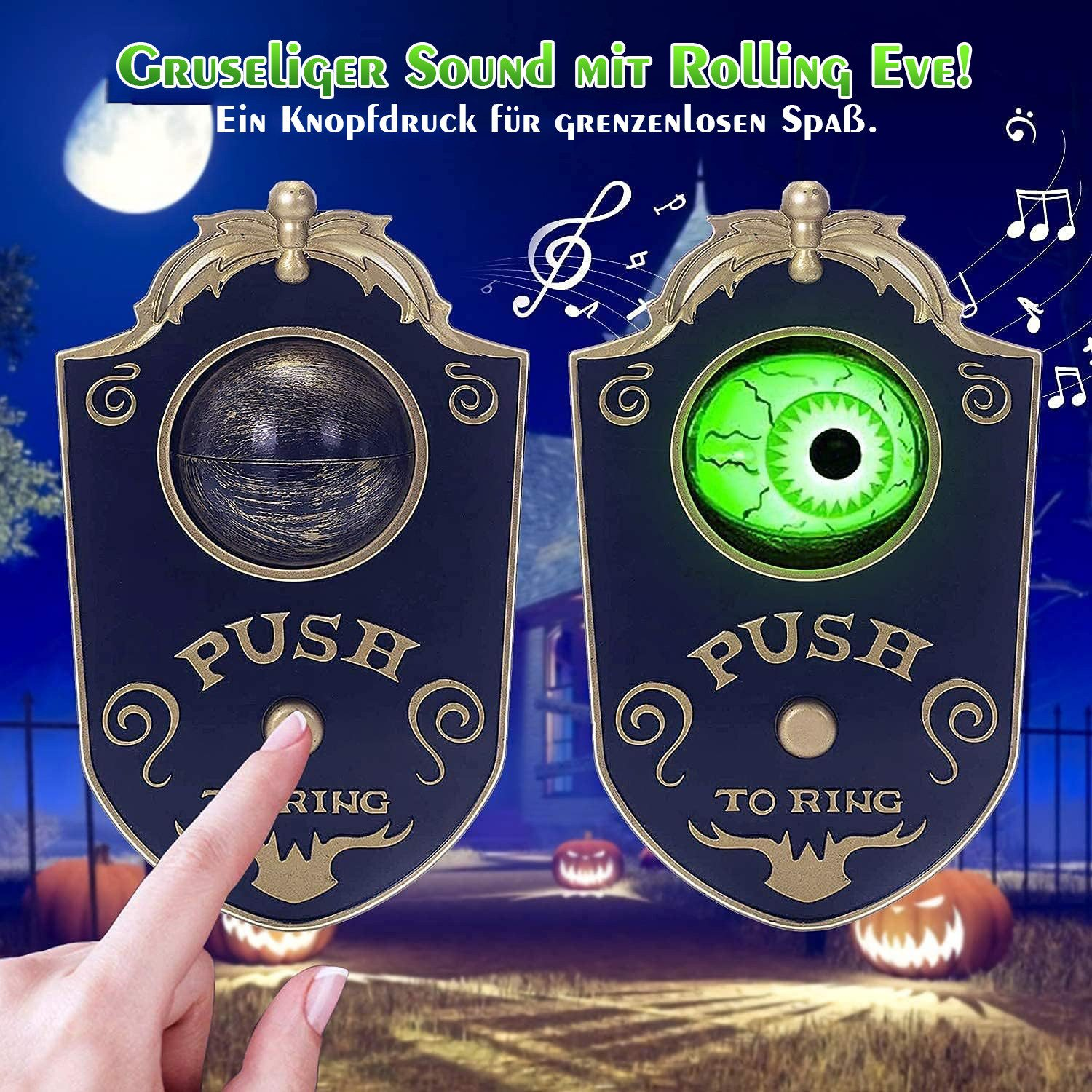 Eine Halloween-Türklingel mit grünem Auge und Text, mit einem Finger, der den Knopf drückt.