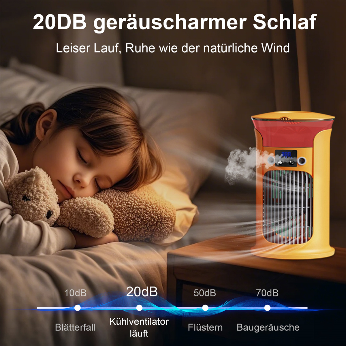 Schlafendes Mädchen in der Nähe eines Ventilators. Text: 20DB ruhigerer Schlaf. Gelb-roter Ventilator.