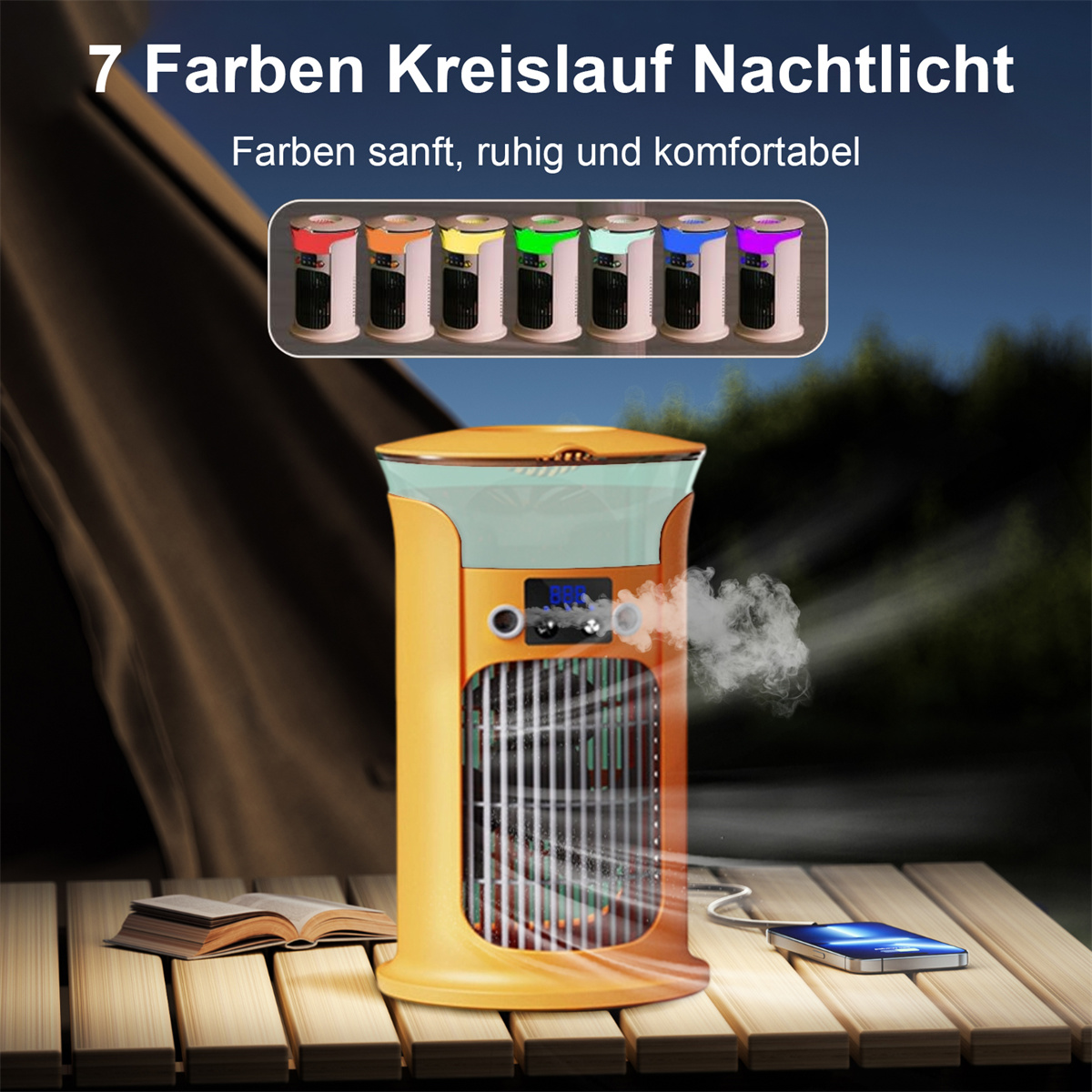 Ein orangefarbener Ventilator auf einem Holztisch mit Telefon und Buch. 7 Farblicht werden angezeigt.