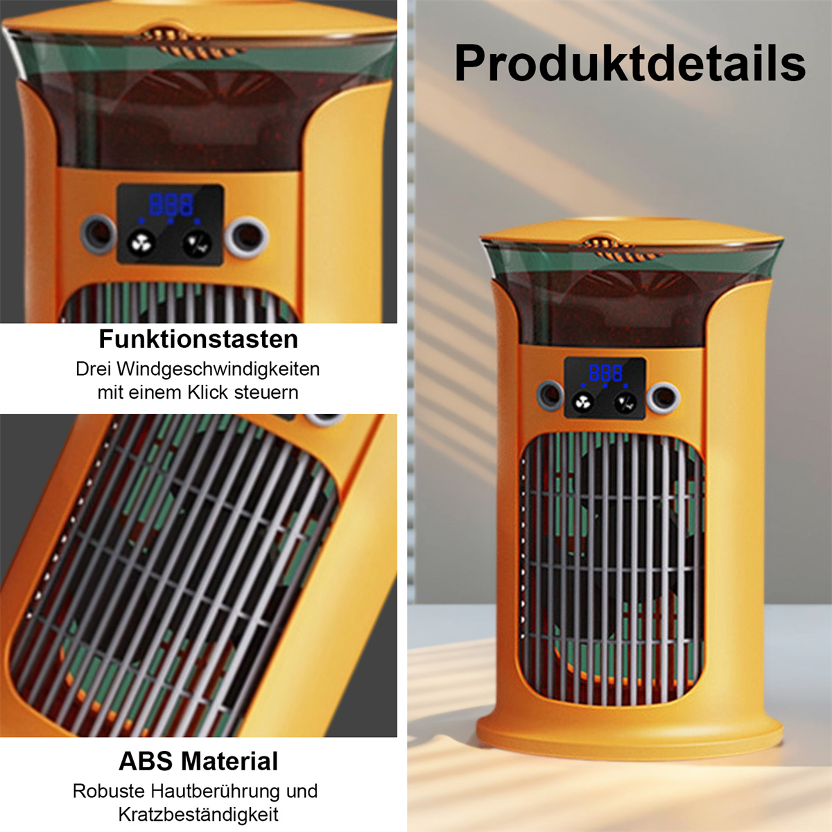 Nahaufnahme eines orangefarbenen Ventilators. Details des Ventilators werden gezeigt.