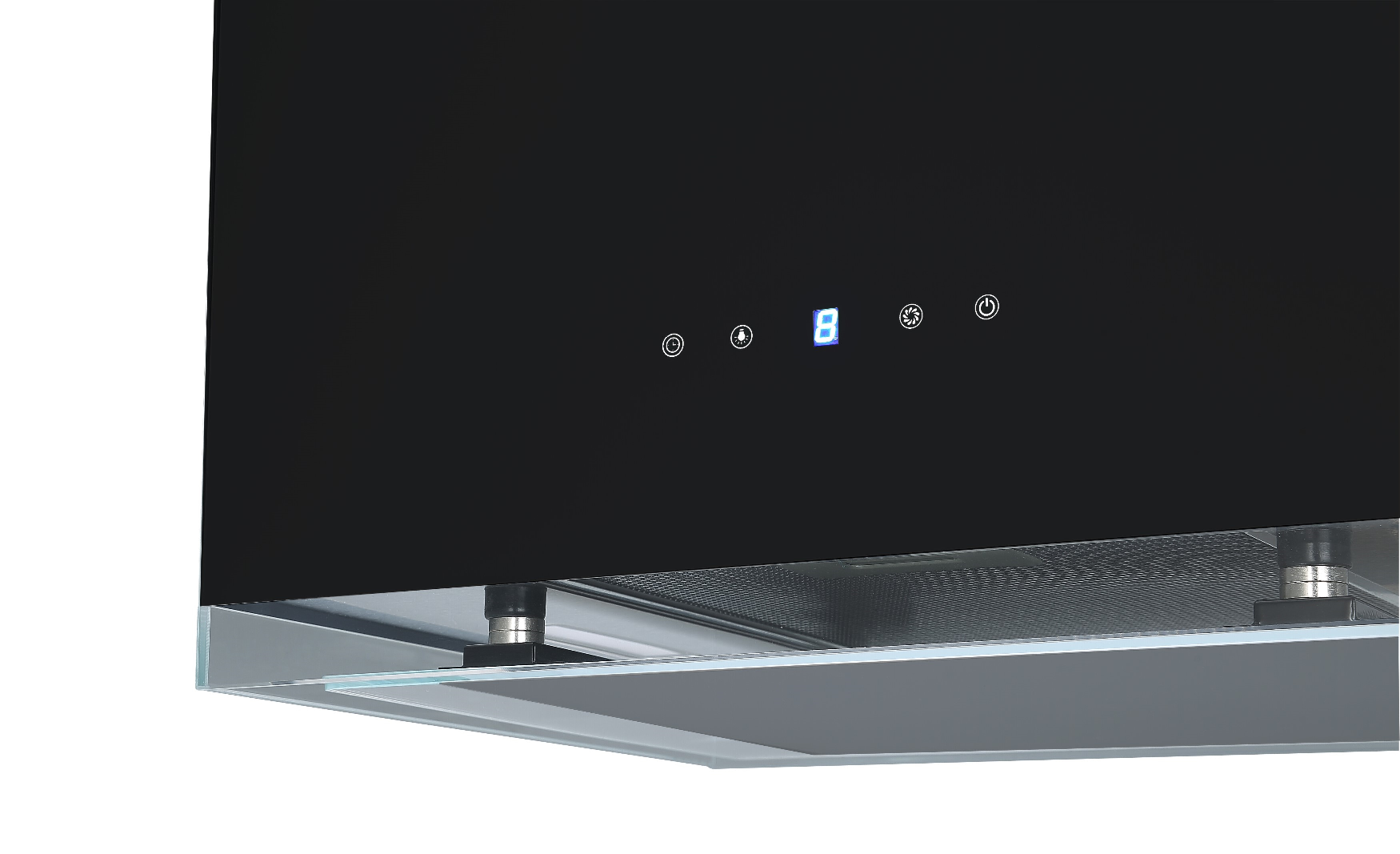 Een zwarte afzuigkap met een touchscreen display en een zilveren metalen basis.