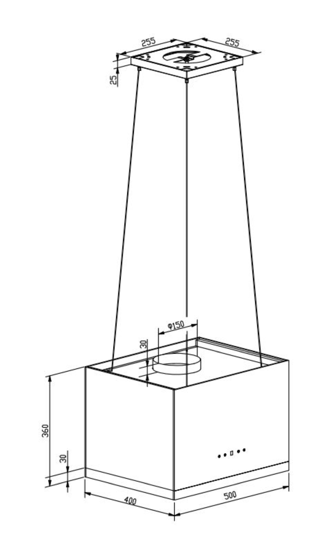 Een technische tekening van een rechthoekige plafondarmatuur met afmetingen en ophangdraden.