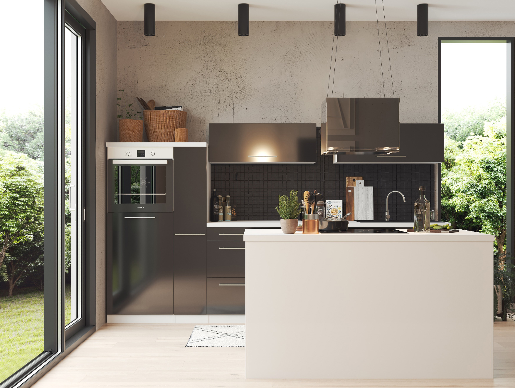 Een moderne keuken met een wit eiland, donkere kasten en een groot raam met uitzicht op groen.