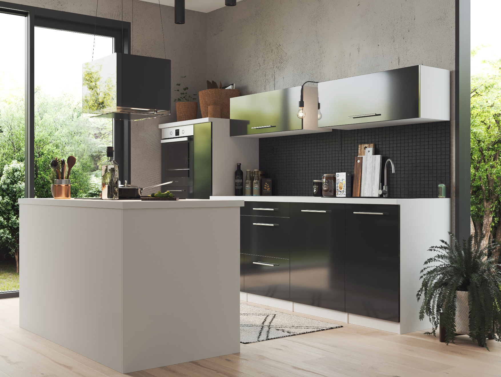 Een moderne keuken met een wit eiland, zwarte kasten en een roestvrijstalen afzuigkap.