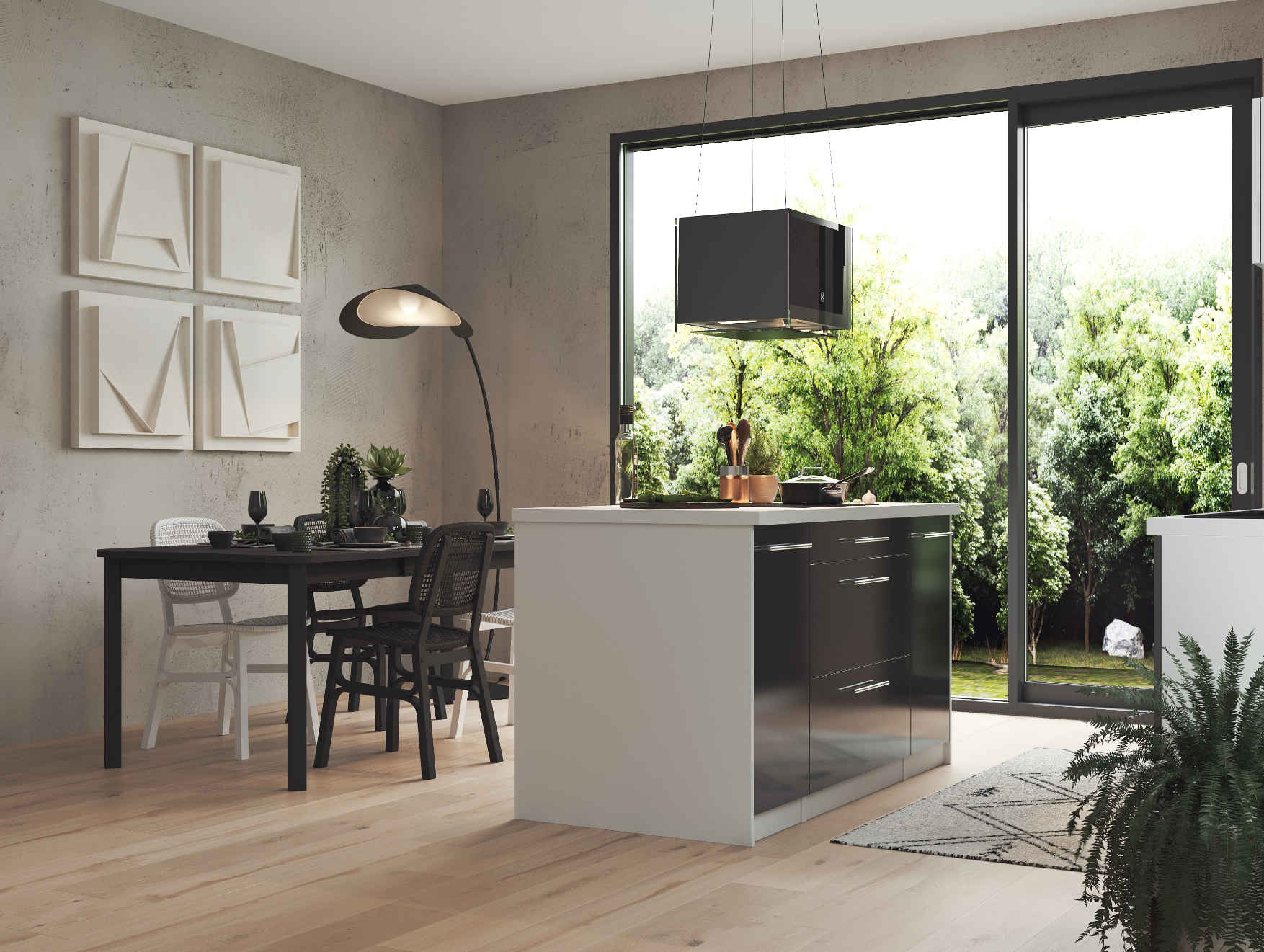 Een moderne keuken met een zwart-wit kleurenschema. Het heeft een keukeneiland en een uitzicht op de tuin.