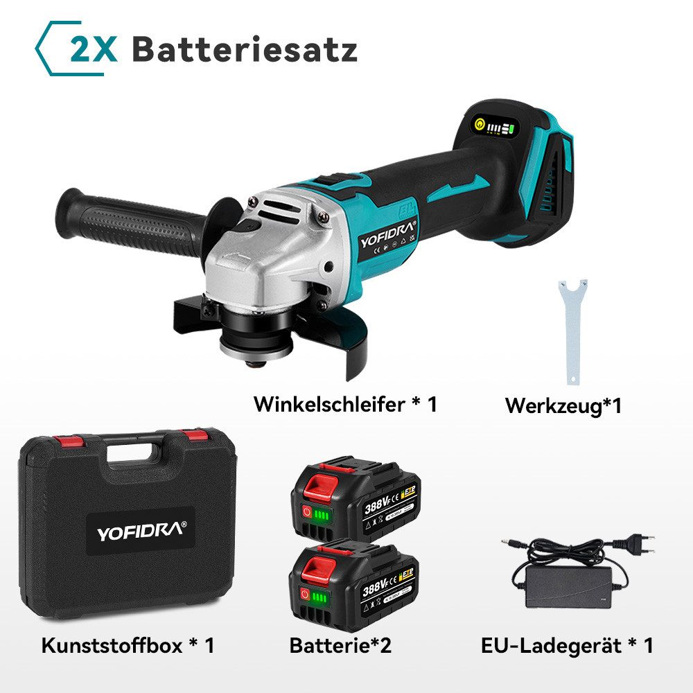 Ein Winkelschleifer mit Zubehör. Der Artikel umfasst einen Koffer, Batterien und ein Ladegerät.