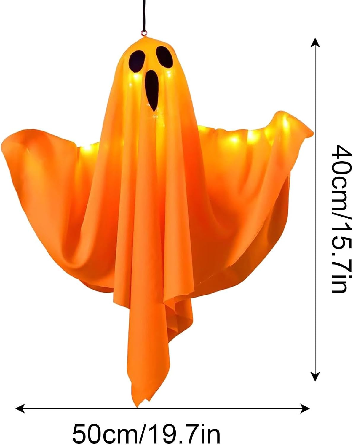 Eine orangefarbene Geisterdekoration mit Lichtern, mit den Maßen: 50cm/19.7in breit und 40cm/15.7in hoch.