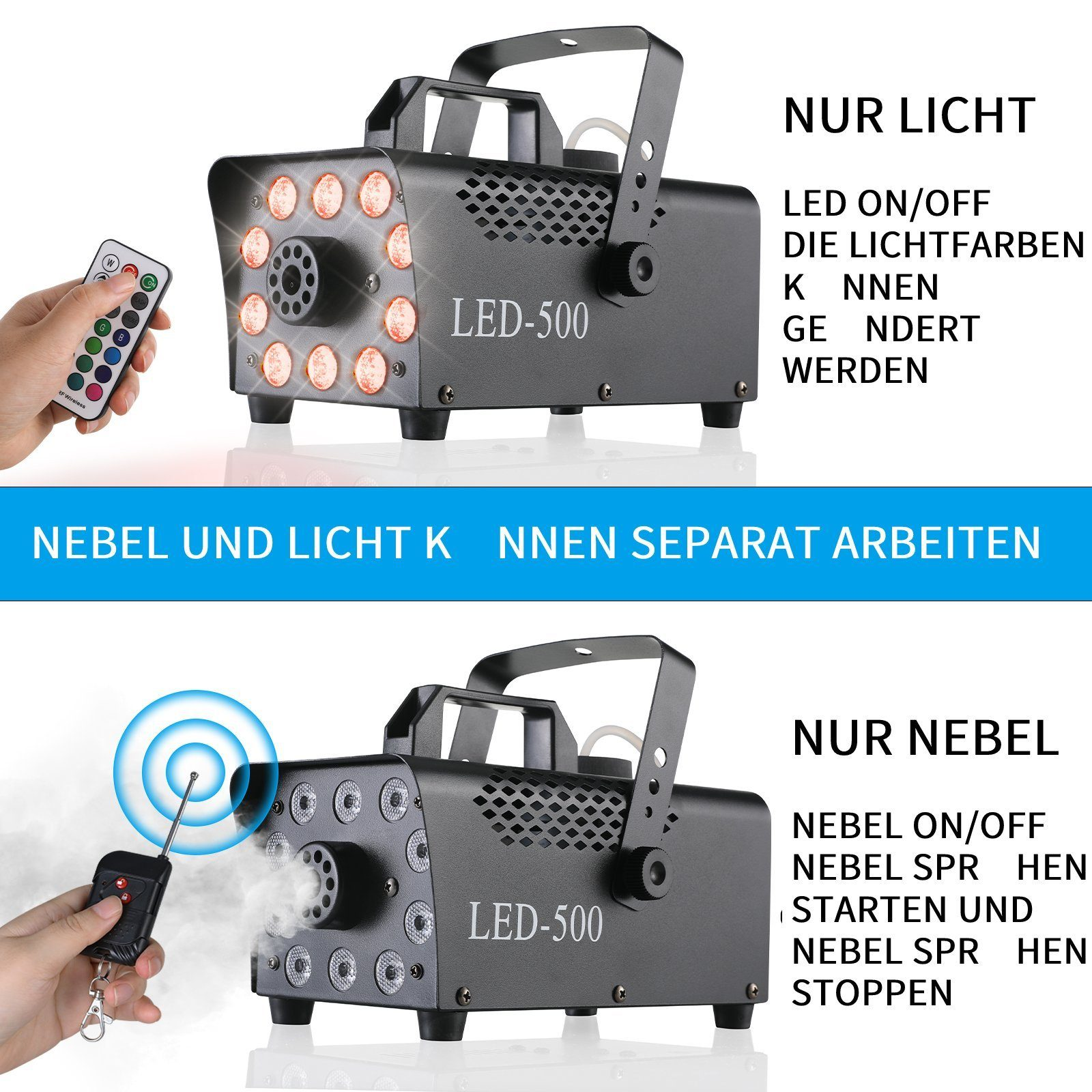 Diagramm einer schwarzen Nebelmaschine mit Text auf Deutsch, Fernbedienung und Hand, mit Optionen für Licht und Nebel.