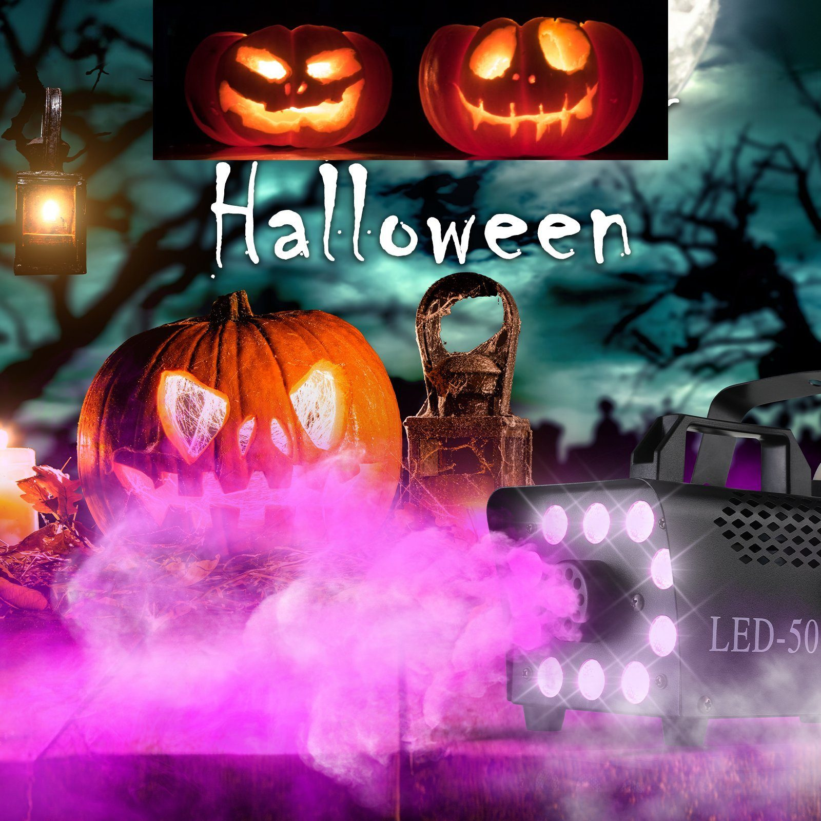 Das Bild zeigt zwei geschnitzte Kürbisse mit Lichtern und eine Nebelmaschine, die lila Rauch ausstößt. Das Wort Halloween ist geschrieben.