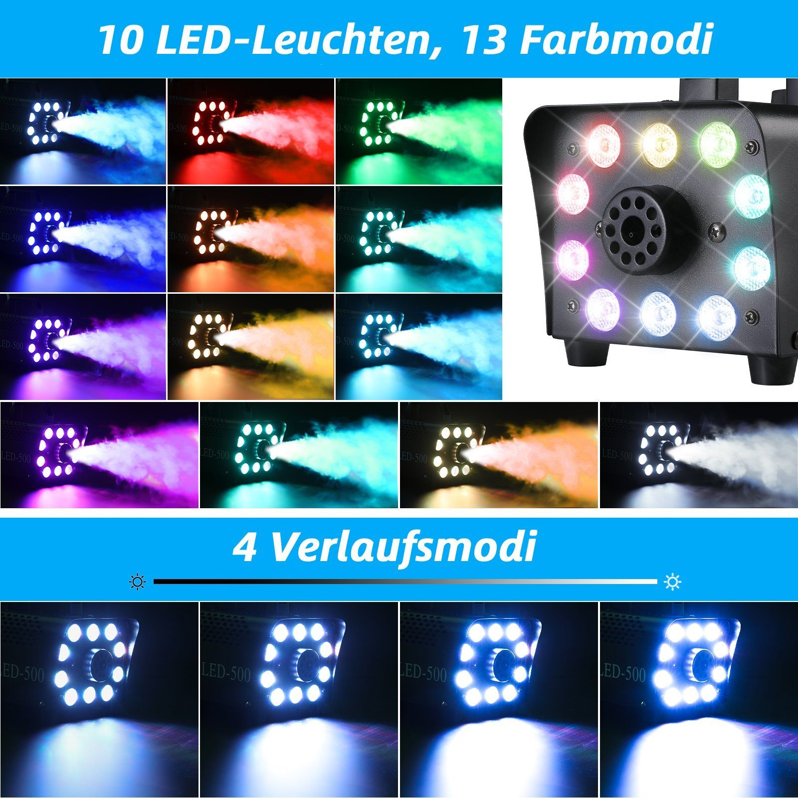 Eine Nebelmaschine wird mit eingeschalteten Lichtern gezeigt. Es gibt mehrere Reihen von Farboptionen, und die Maschine stößt Nebel aus.