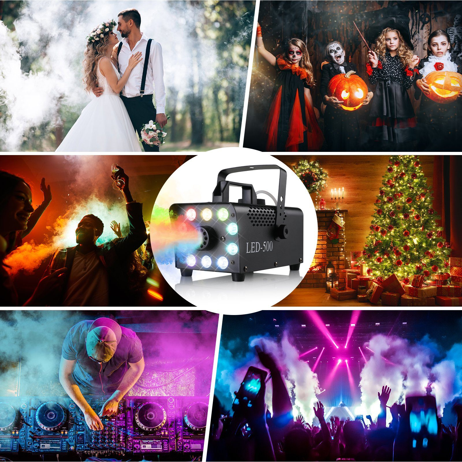 Das Bild zeigt eine Collage von Szenen: eine Hochzeit, eine Halloween-Party, ein DJ, eine Weihnachtsszene und ein Konzert. Eine Nebelmaschine ist zentral.