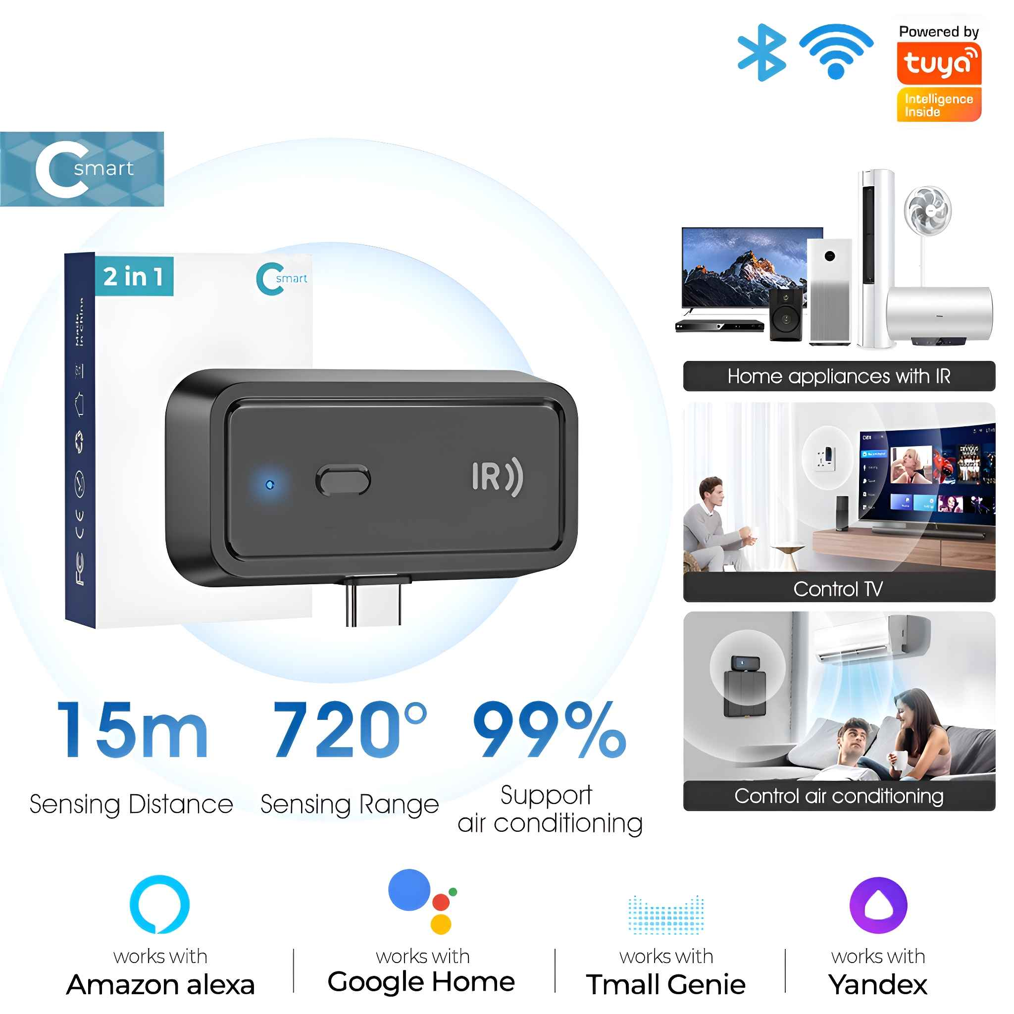 Schwarze Smart-Fernbedienung mit blauem Licht, Werbung für die Steuerung von Haushaltsgeräten, mit Logos für Alexa, Google Home und andere.