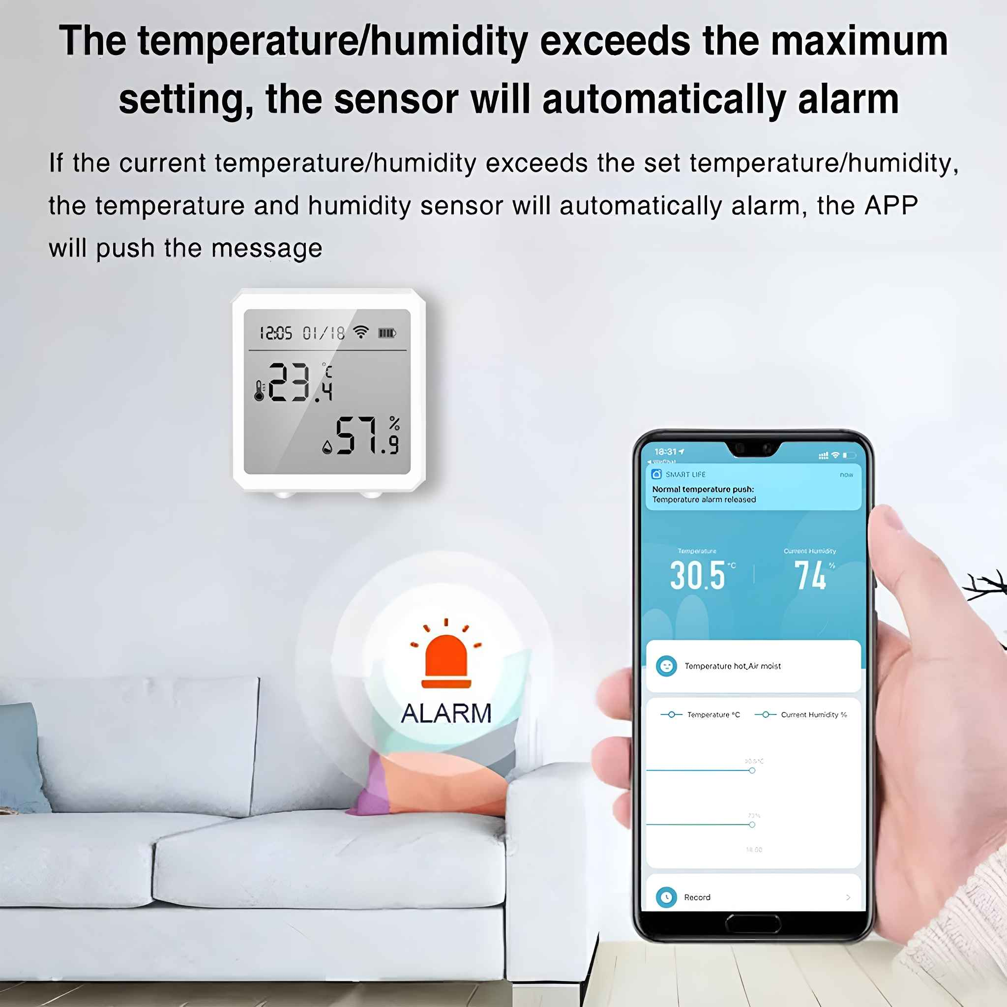 Ein weißer Sensor zeigt Temperatur und Luftfeuchtigkeit an, ein Telefon zeigt einen Alarm, wenn die Einstellungen überschritten werden.