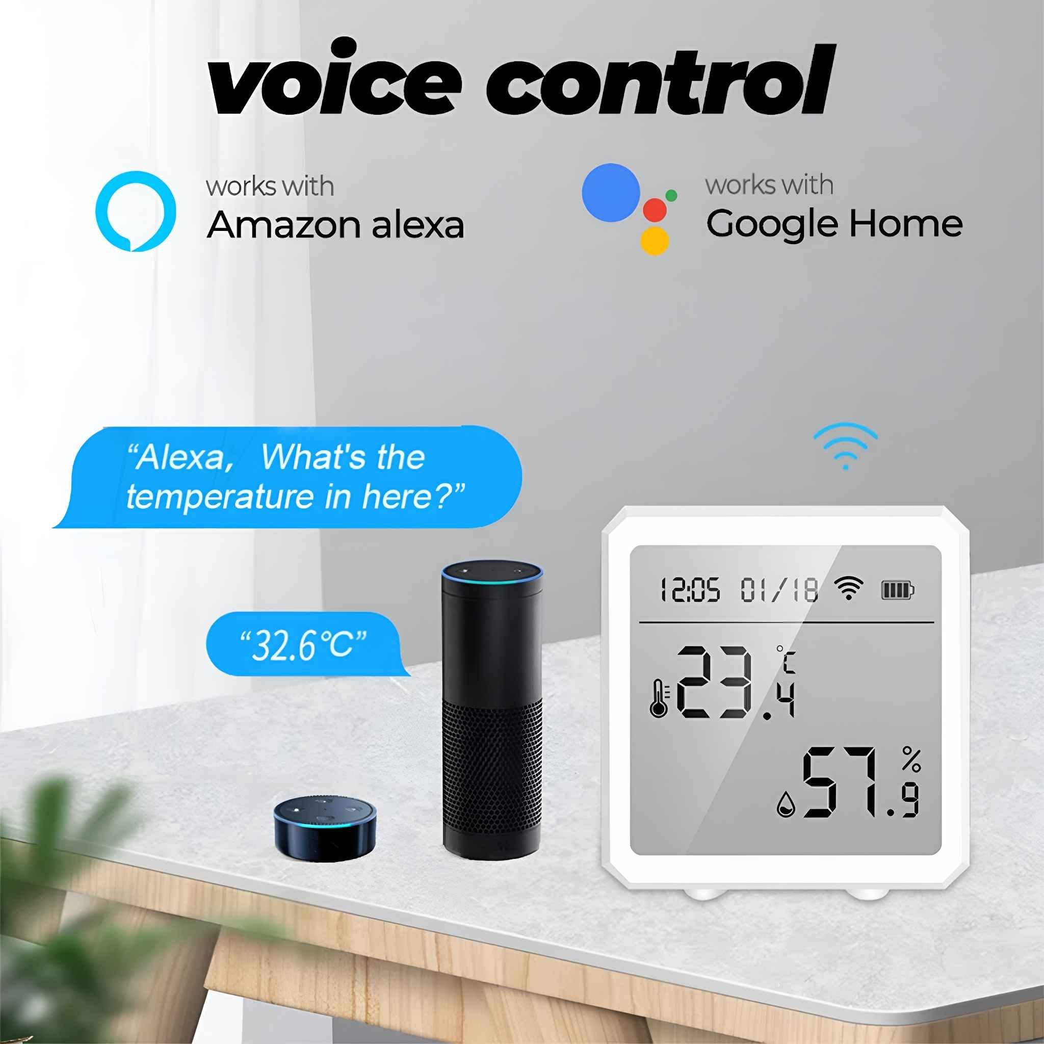 Ein weißer Sensor, der Temperatur und Luftfeuchtigkeit anzeigt, mit Amazon Alexa und Google Home Sprachsteuerung.
