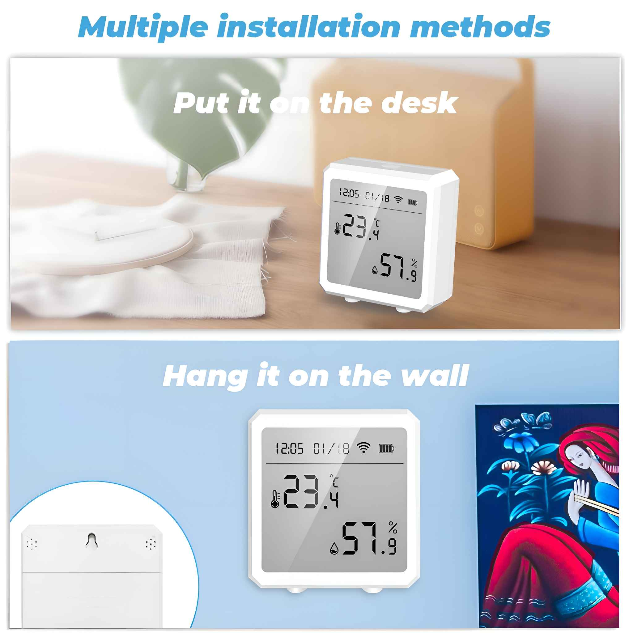 Ein weißer Sensor, der Temperatur und Luftfeuchtigkeit anzeigt, gezeigt auf einem Schreibtisch und an einer Wand montiert.