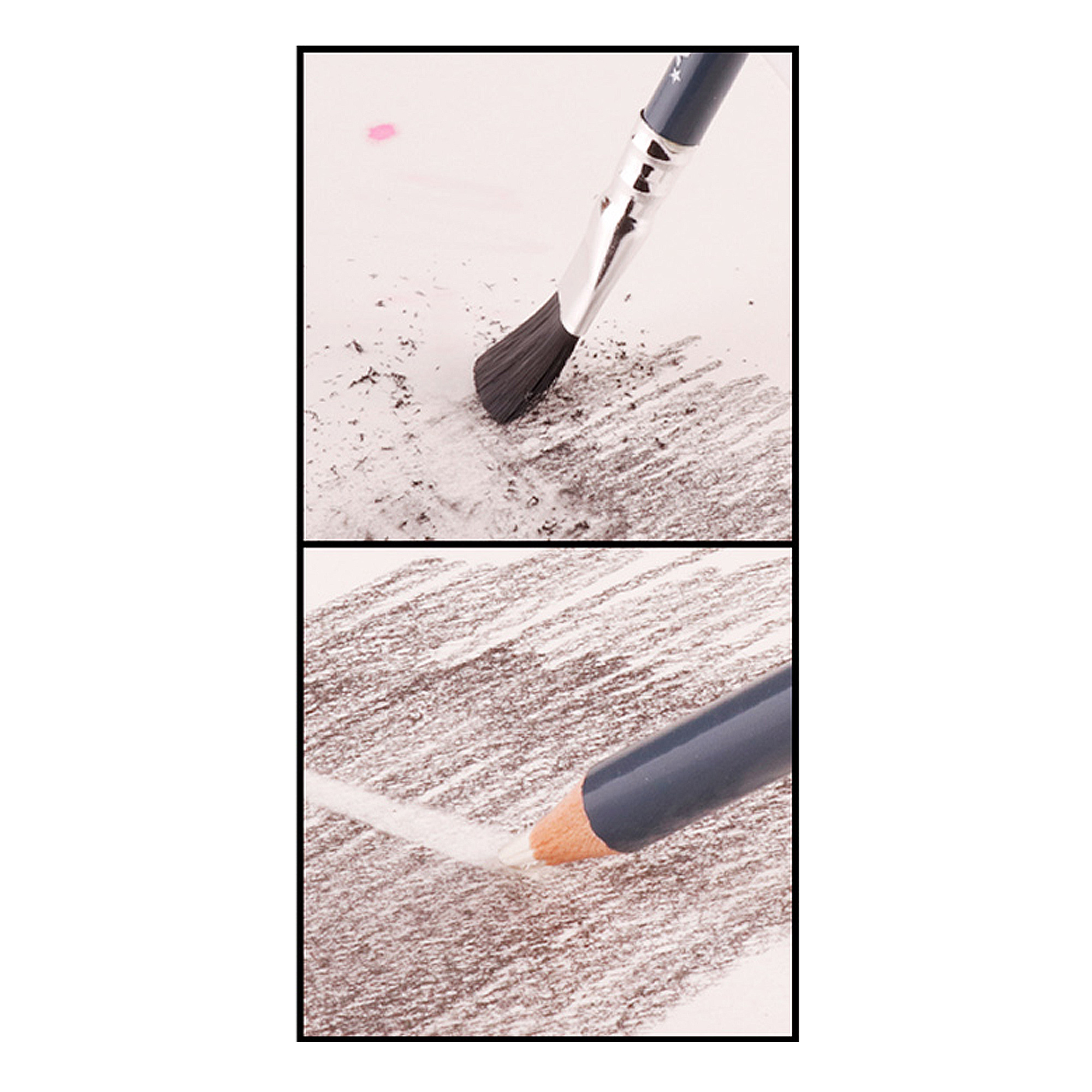Vengono mostrate due immagini. La parte superiore mostra un pennello su un disegno a carboncino. La parte inferiore mostra una matita su carta bianca.