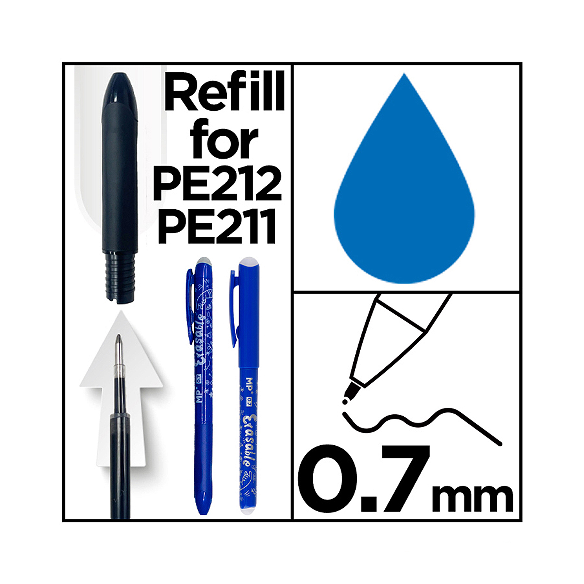 Das Bild zeigt Stiftminen-Teile, einen blauen Tintentröpfchen und einen Stift mit einer 0,7 mm Spitze. Das Produkt ist als Nachfüllung gekennzeichnet.