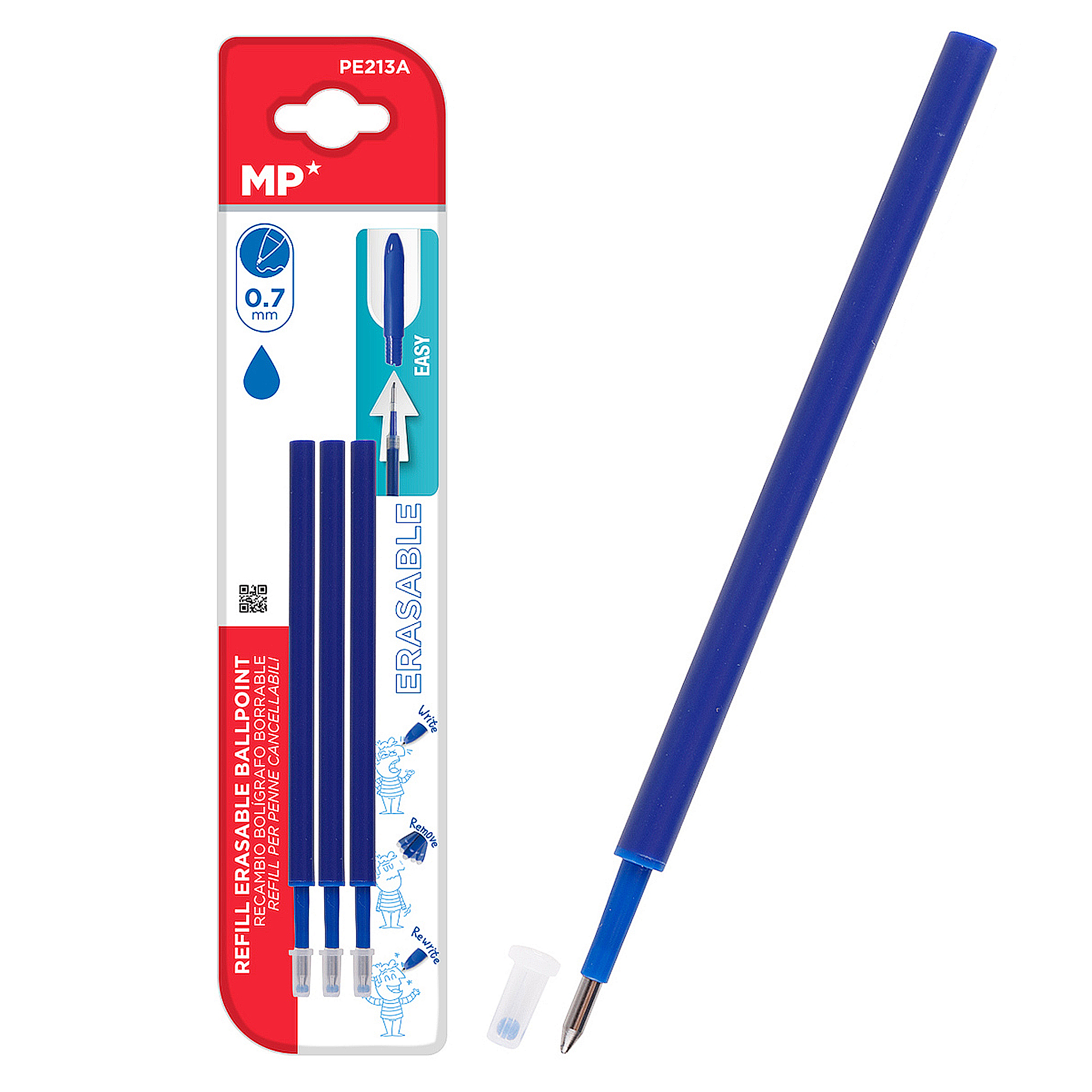 Eine blaue Minenpackung und eine lose Mine liegen auf einer weißen Oberfläche. Auf der Packung steht Nachfüllung für löschbare Kugelschreiber.