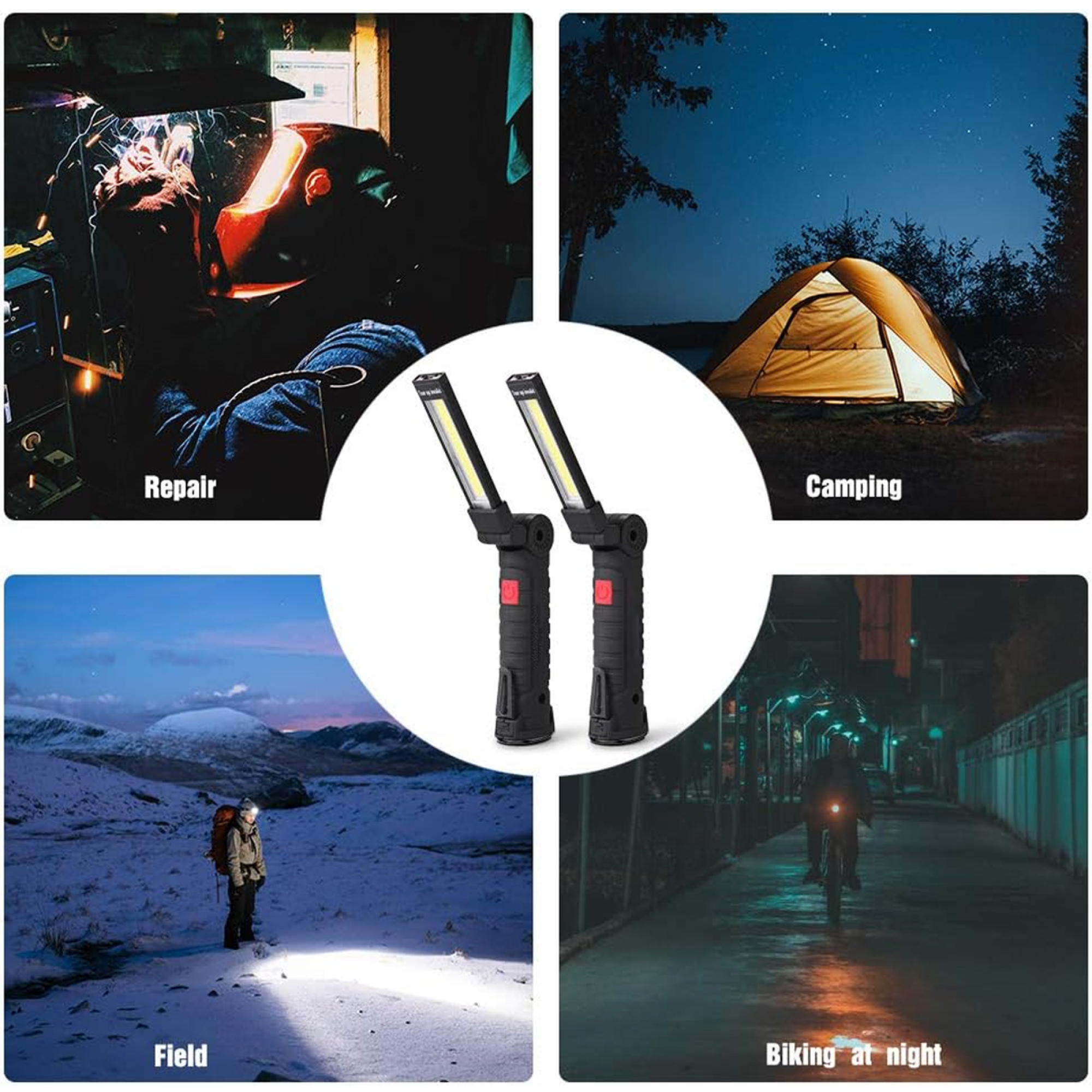 Collage von Bildern: Schweißer, Camping, Wanderer und Radfahren bei Nacht, alle mit hellen Arbeitsleuchten.