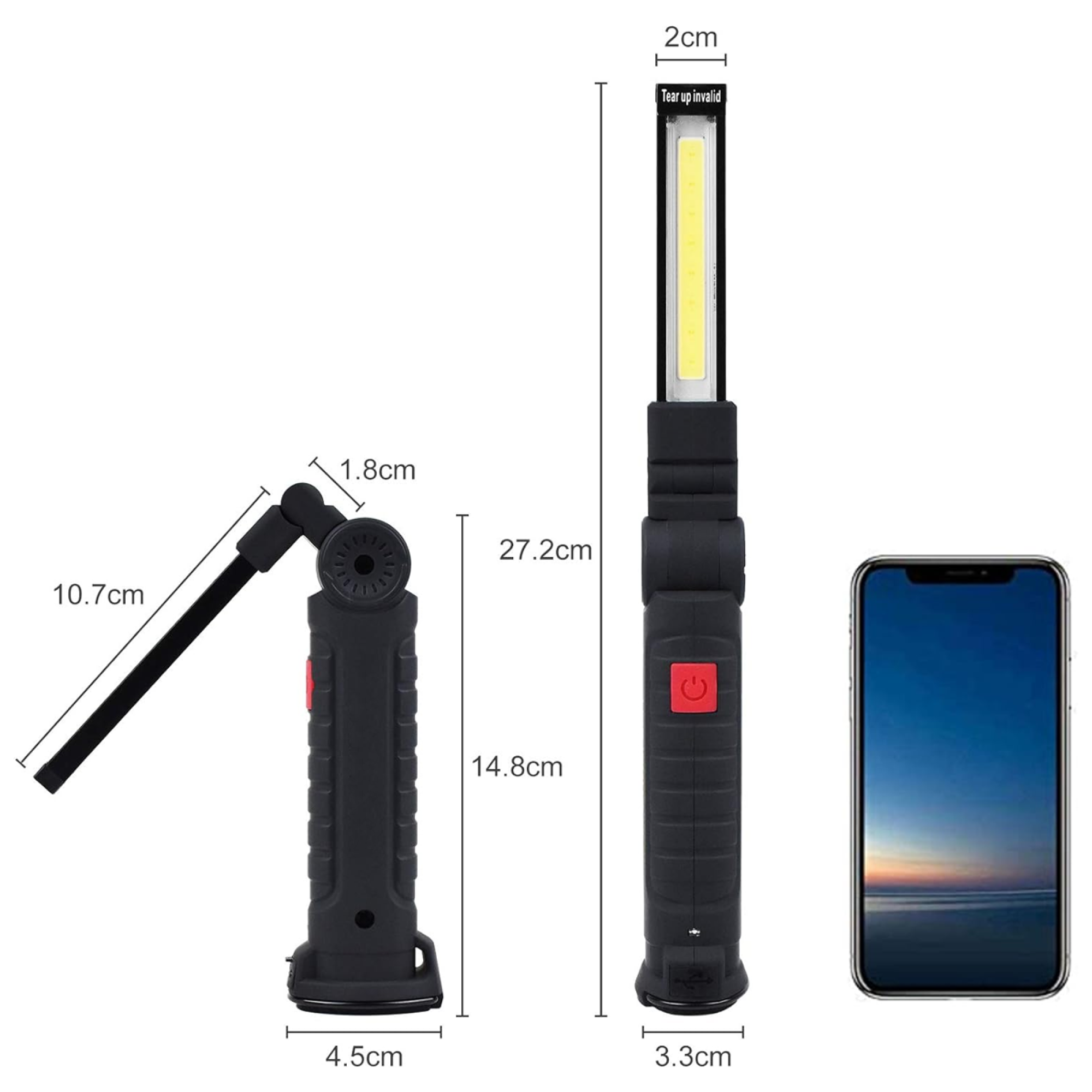 Ein schwarzes Arbeitslicht wird gezeigt. Es ist mit Messungen verlängert. Ein Smartphone ist ebenfalls zum Größenvergleich vorhanden.