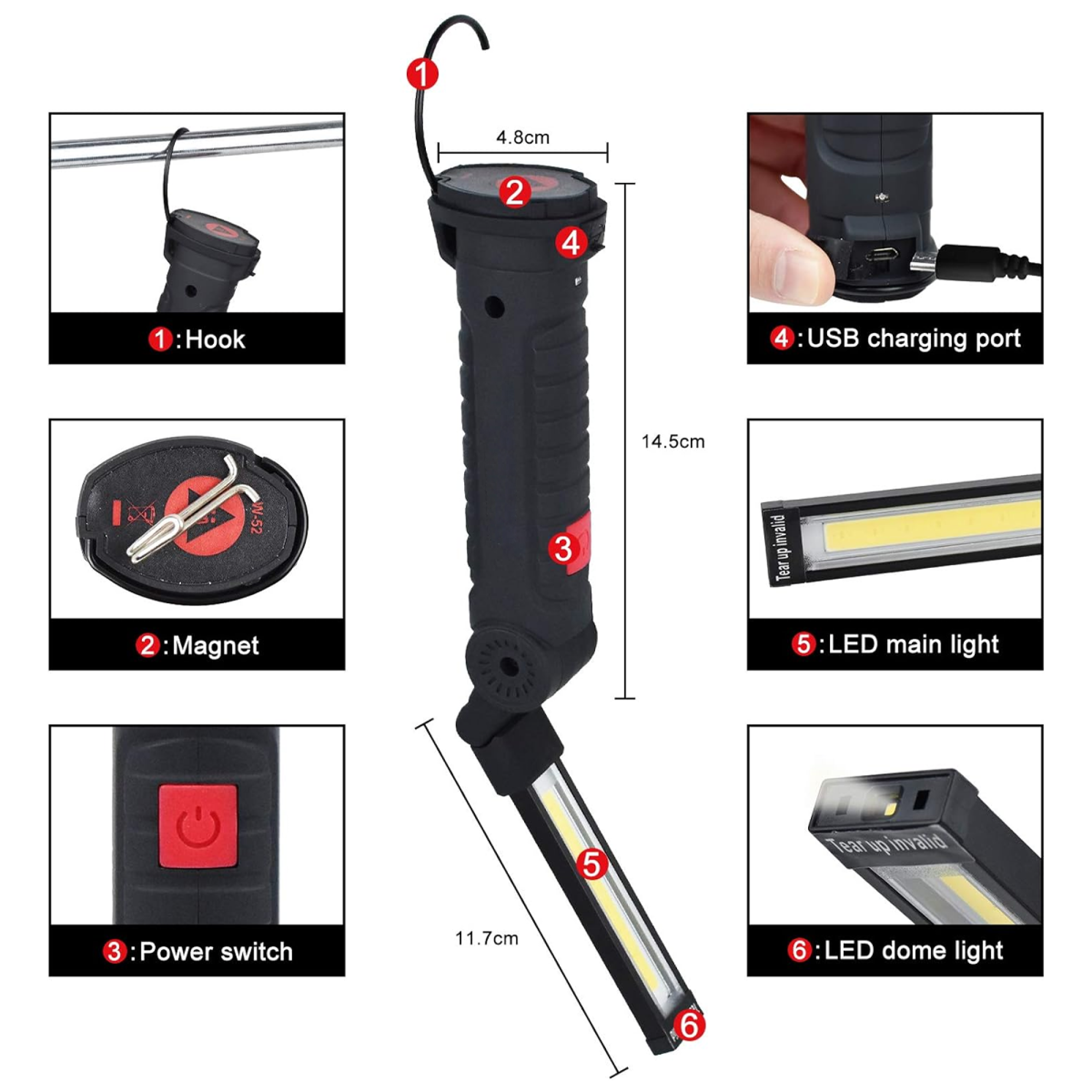 Ein schwarzes Arbeitslicht wird gezeigt. Es hat Haken, Magnet, Netzschalter und LED-Leuchten. Verschiedene Messungen und Details sind beschriftet.