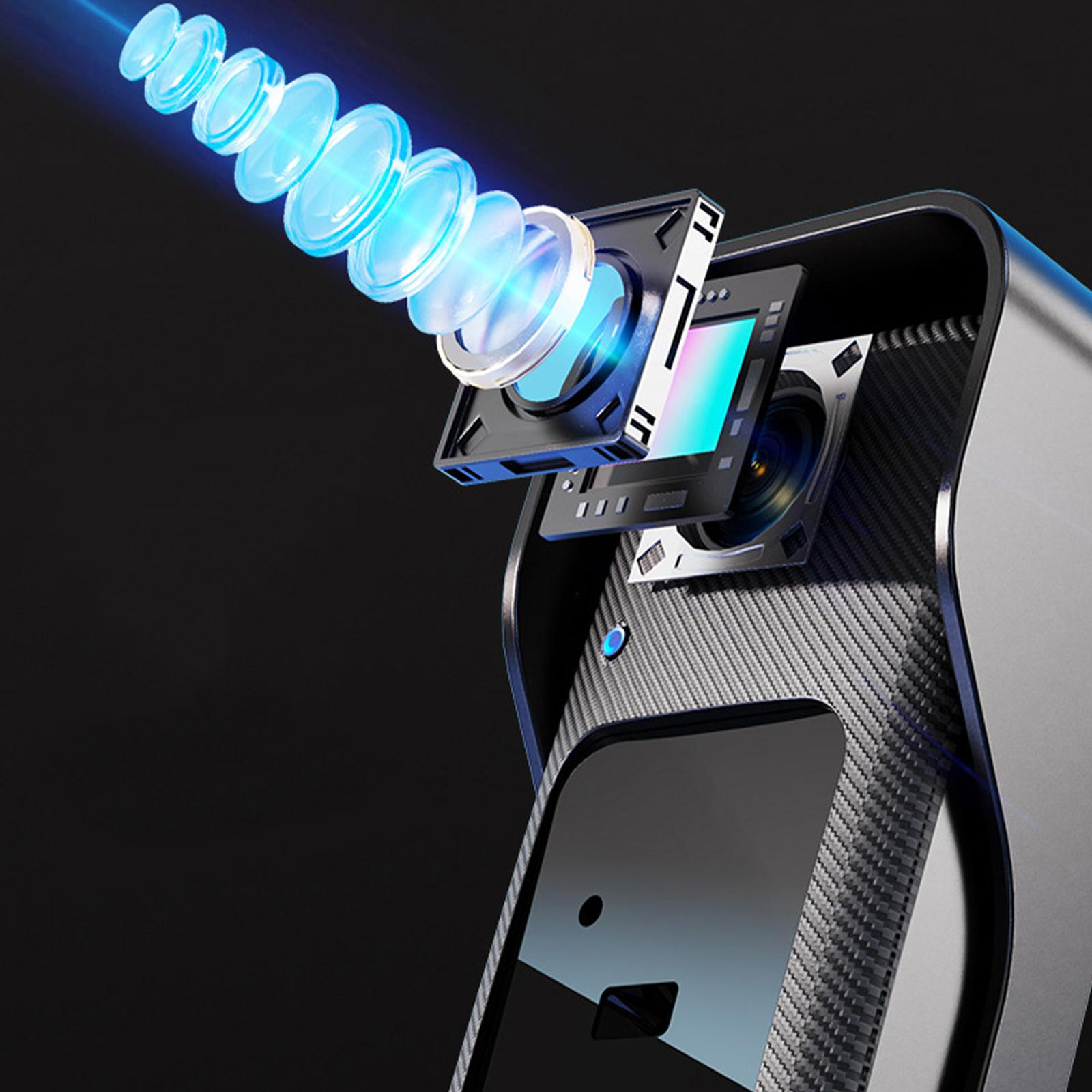 Nahaufnahme der internen Komponenten einer Türklingelkamera. Blaue Lichtstrahlen sind sichtbar.