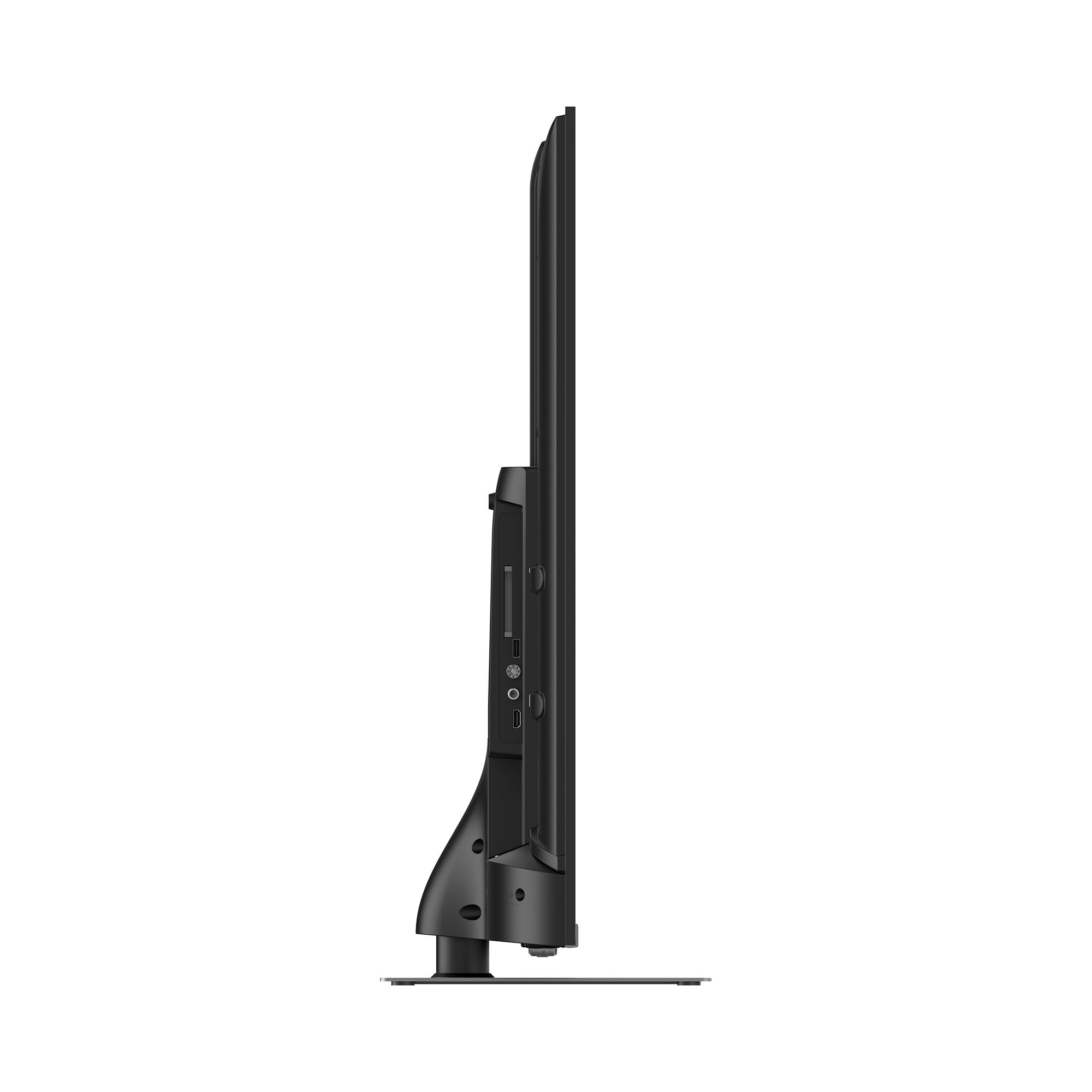 Una TV vista di lato. È nera, con un supporto. Il lato ha porte e un pulsante di accensione.