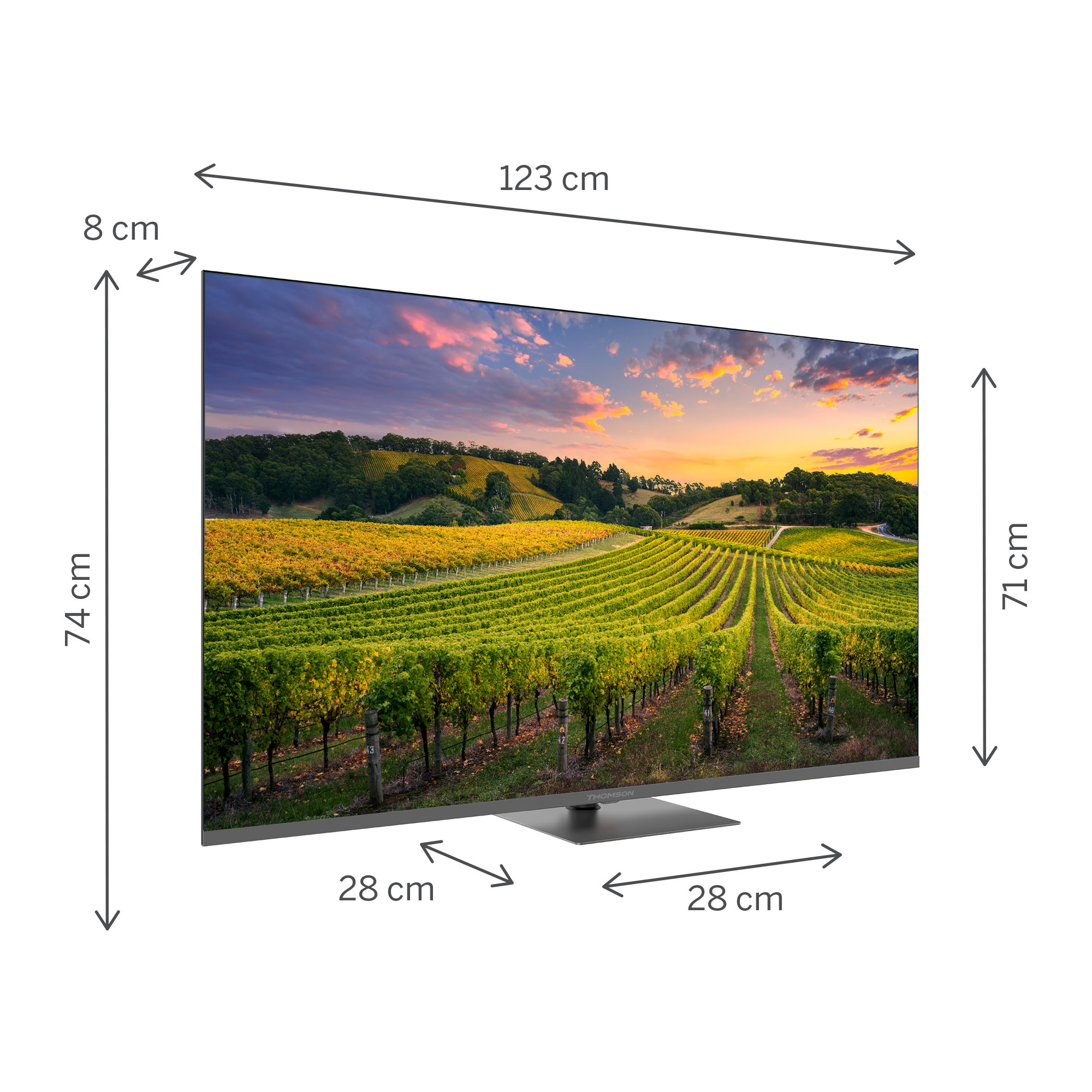 Un TV da 55 pollici, che mostra una scena di vigneto. Il TV è misurato, con le dimensioni mostrate.