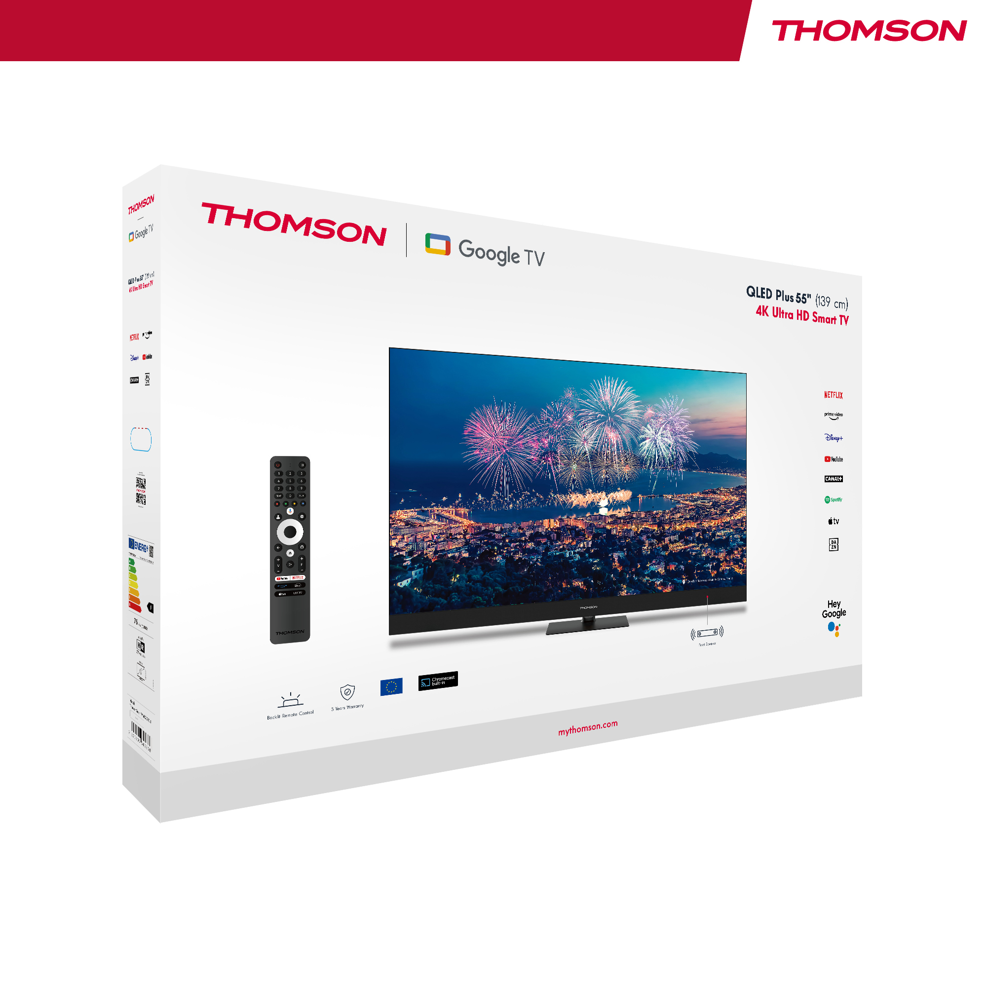 Una scatola TV con logo Thomson, Google TV e telecomando. La TV mostra una scena.
