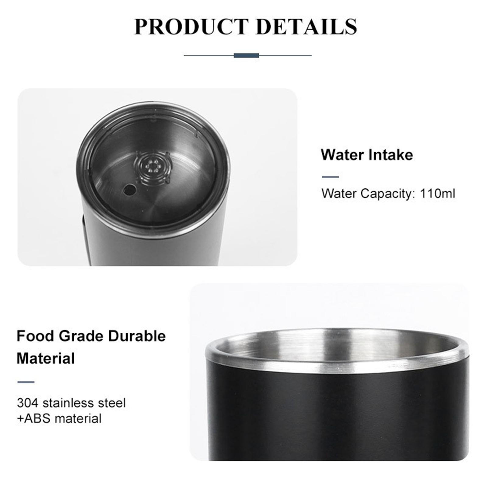 Details eines schwarzen Tumblers mit Informationen über die Wasseraufnahme und lebensmittelechte Materialien. Der Hintergrund ist weiß.