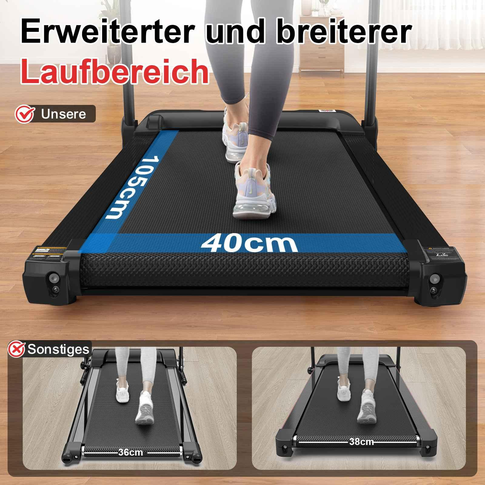 Eine Person geht auf einem Laufband. Es gibt Text, der die Abmessungen des Gehbereichs angibt. Das Laufband ist schwarz und in einem Raum.