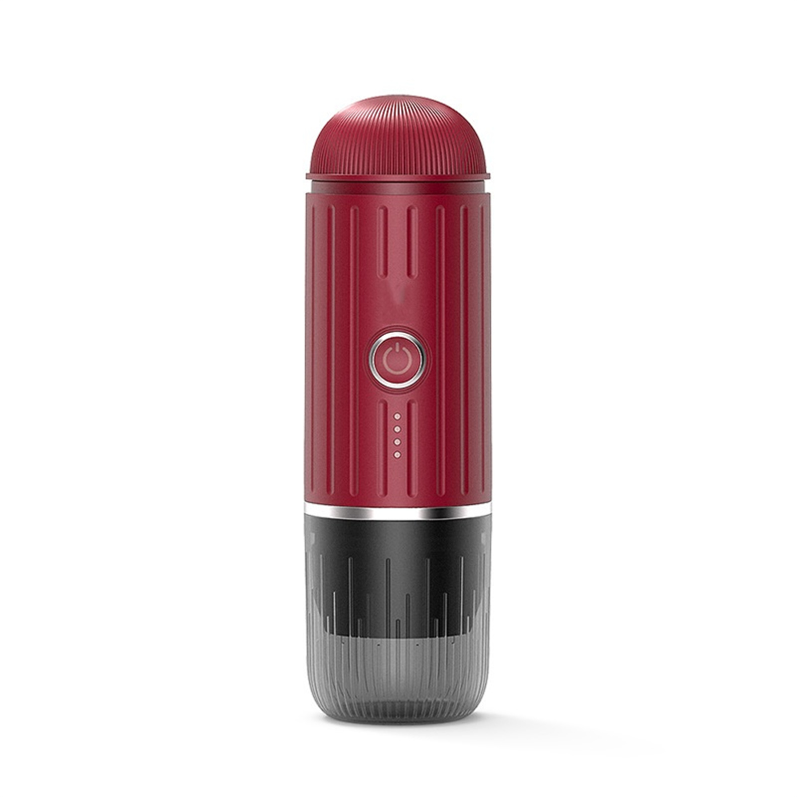 Roter und transparenter tragbarer Espressomaschine mit Power-Taste.
