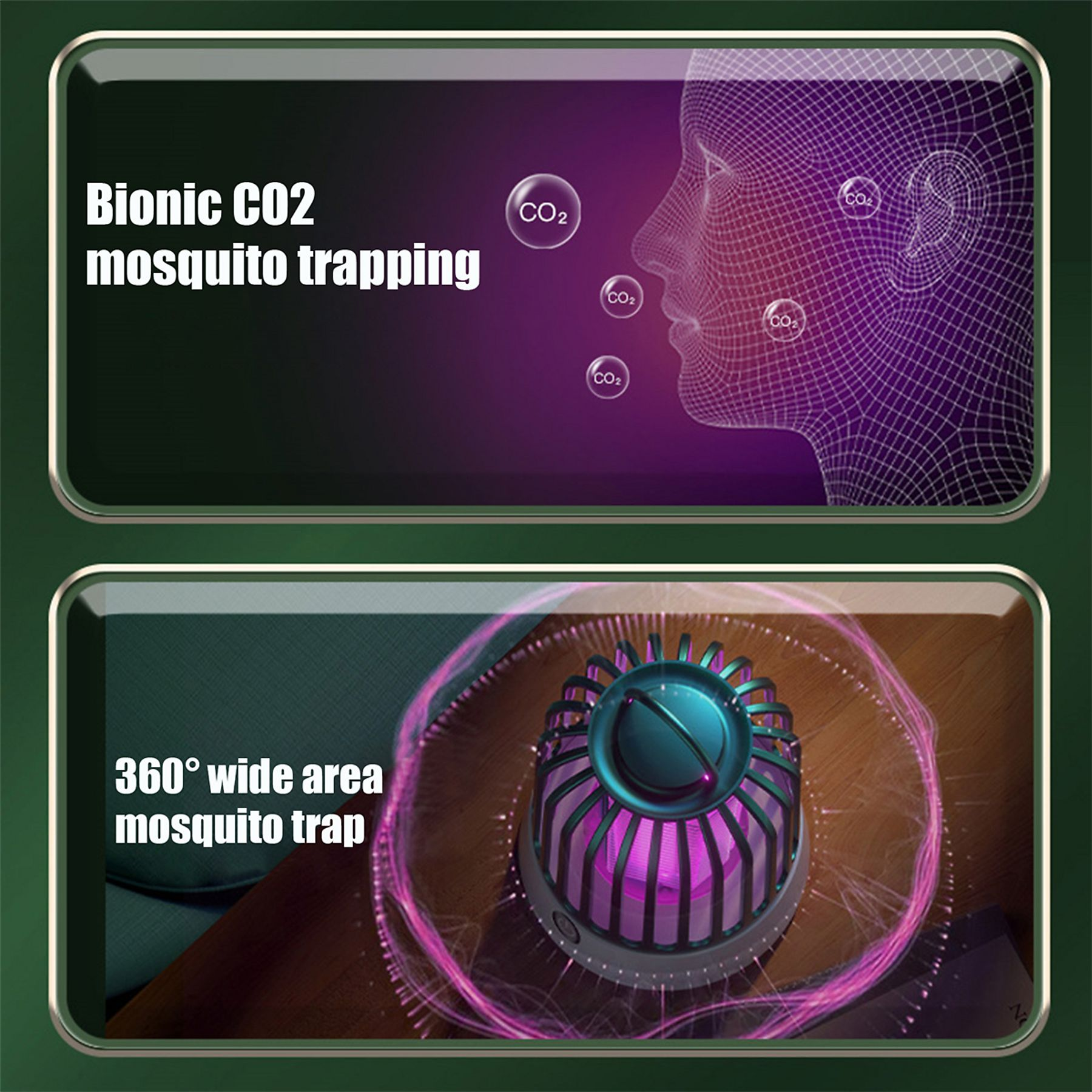 Bilder, die Mückenfangtechnologie und ihre 360-Grad-Abdeckung zeigen.