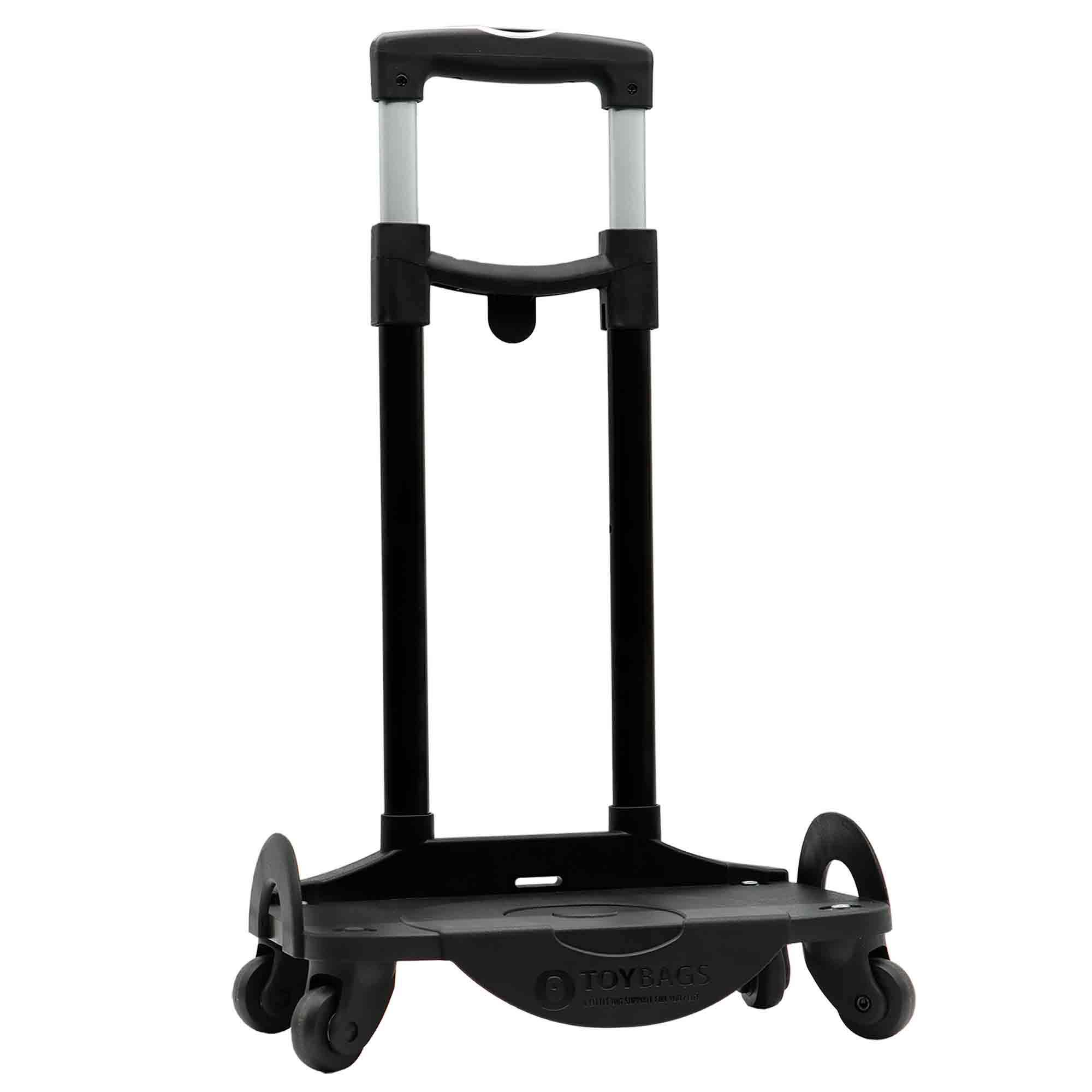 Carrello nero con due maniglie, quattro ruote e una piattaforma inferiore.