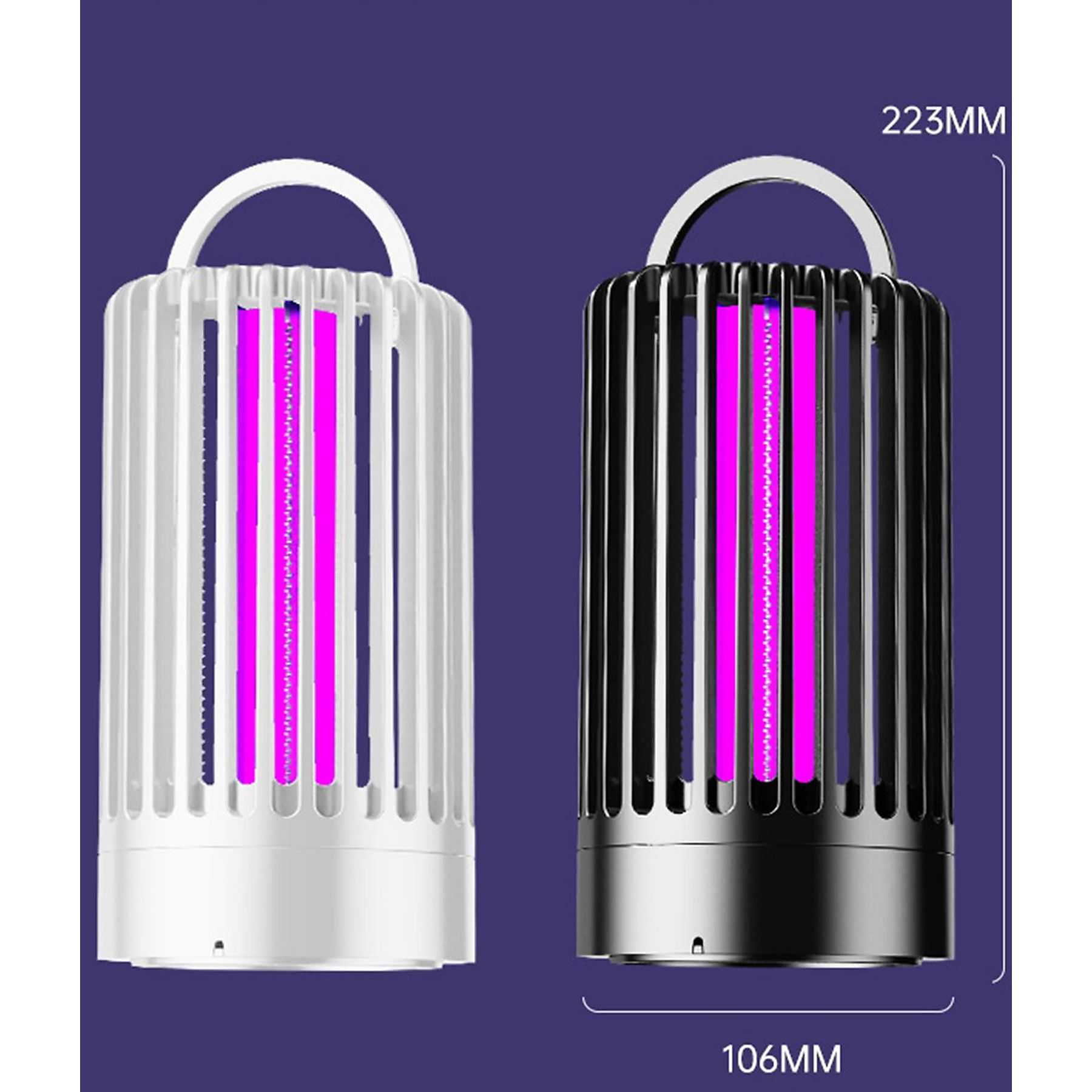 Zwei Mückenvernichter-Lampen, eine weiße, eine schwarze, mit pinkfarbenen UV-Lichtern und Größenangaben.