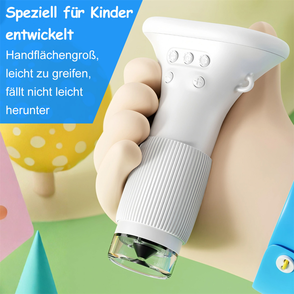 Weißes Gerät mit transparenter Linse. Hand hält es. Text auf Deutsch. Gelber Pilz im Hintergrund.