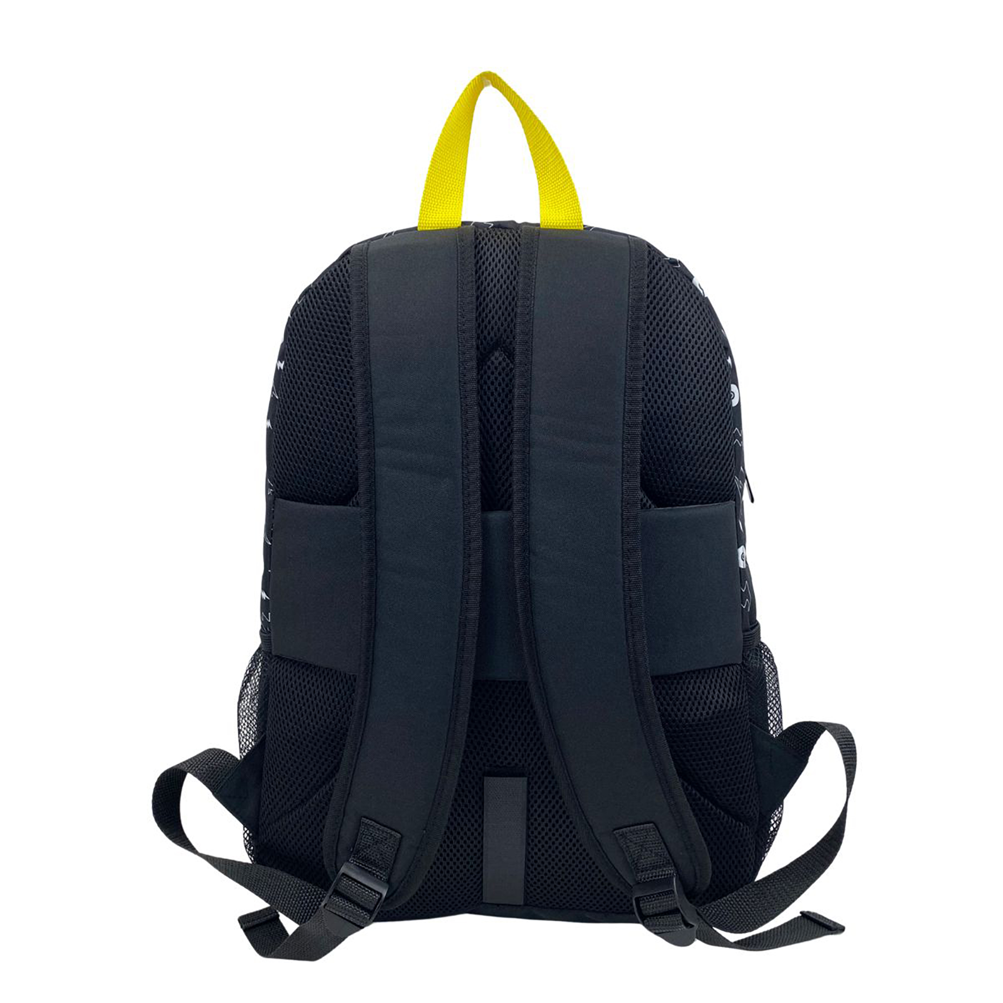 Zaino nero con manico giallo. Motivo bianco. Due cinghie nere. Rete nera sul lato.