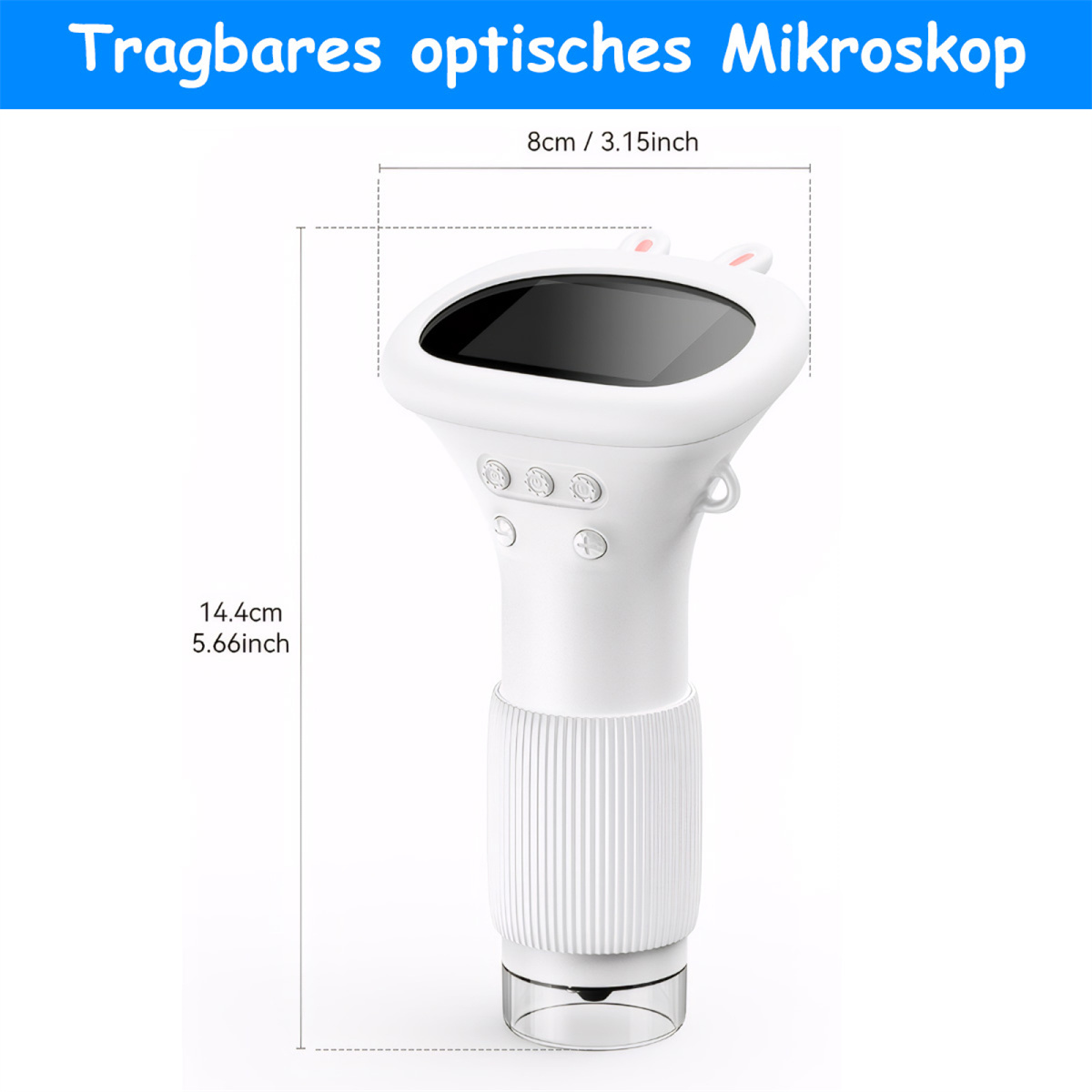 Weißes Mikroskop mit Abmessungen. Text auf Deutsch. Abmessungen werden angezeigt. Neutraler Hintergrund.