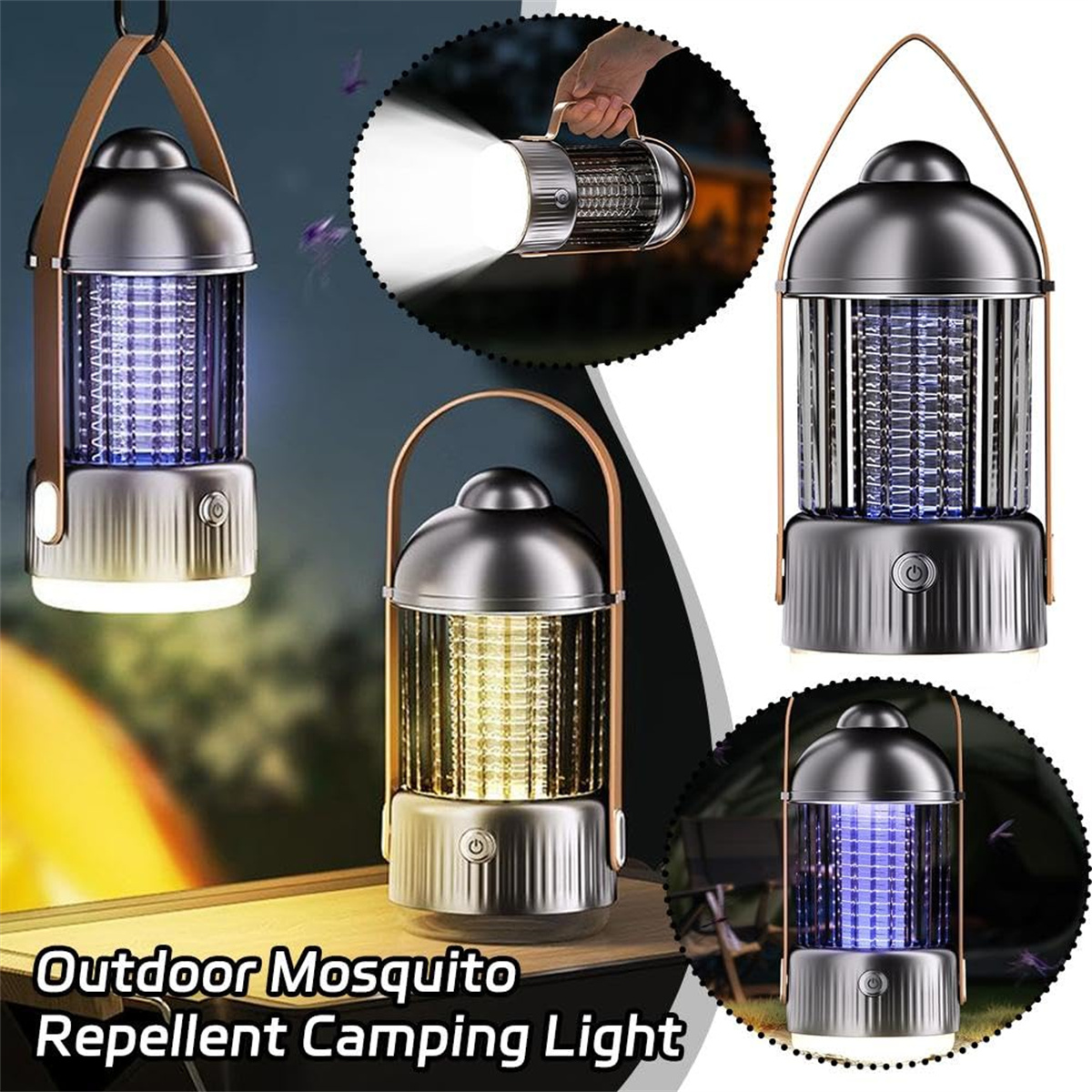 Mehrere Mückenschutz-Campinglampen mit unterschiedlichen Lichteinstellungen.