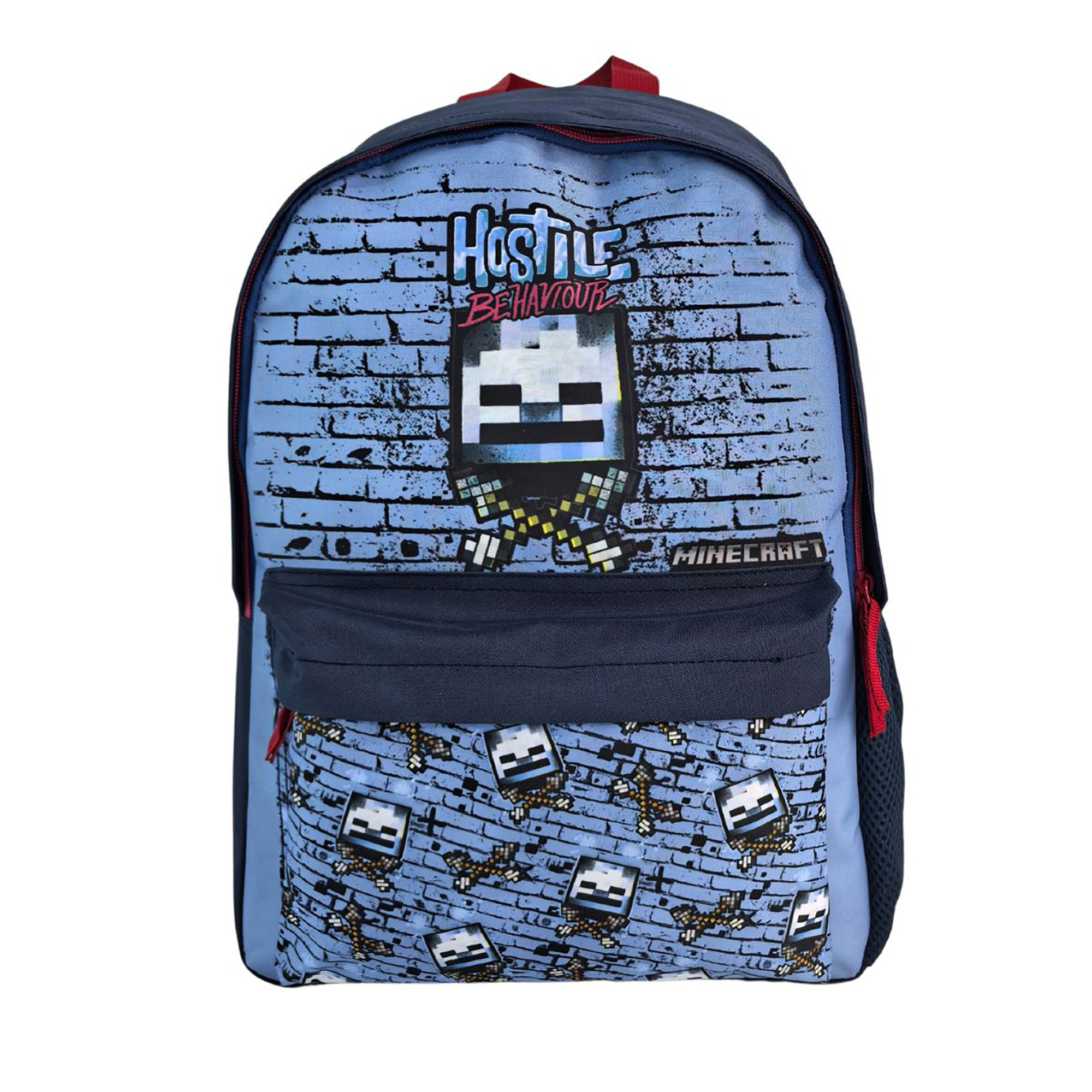 Zaino Minecraft blu con un design a muro di mattoni e grafica di scheletro.