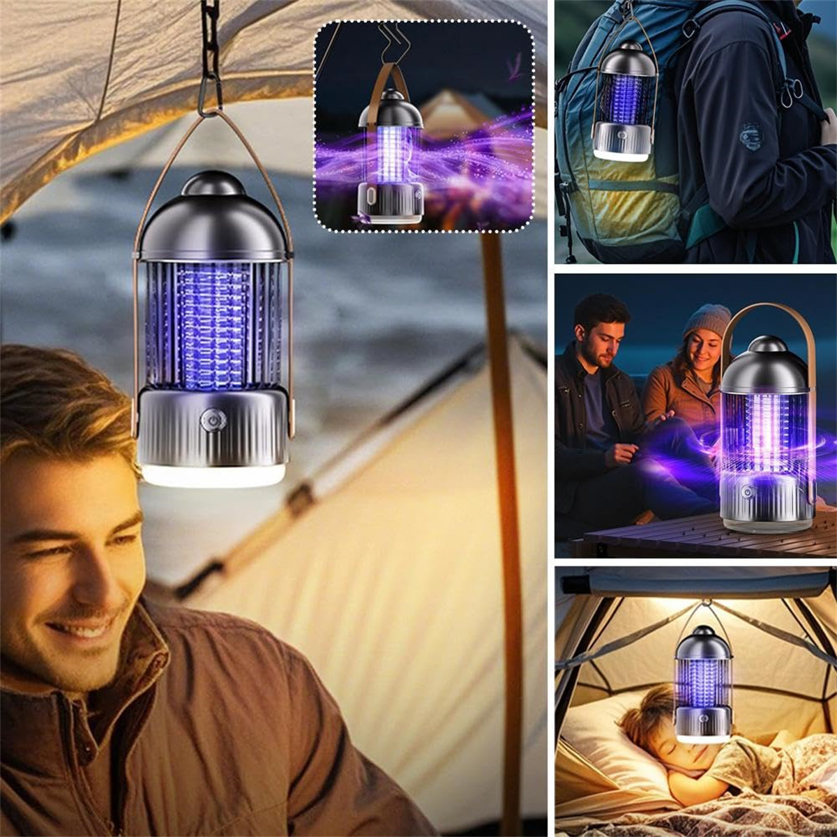 Eine Collage von Bildern einer Mückenvernichterlampe. Sie hat einen Holzgriff und gibt violettes Licht ab.