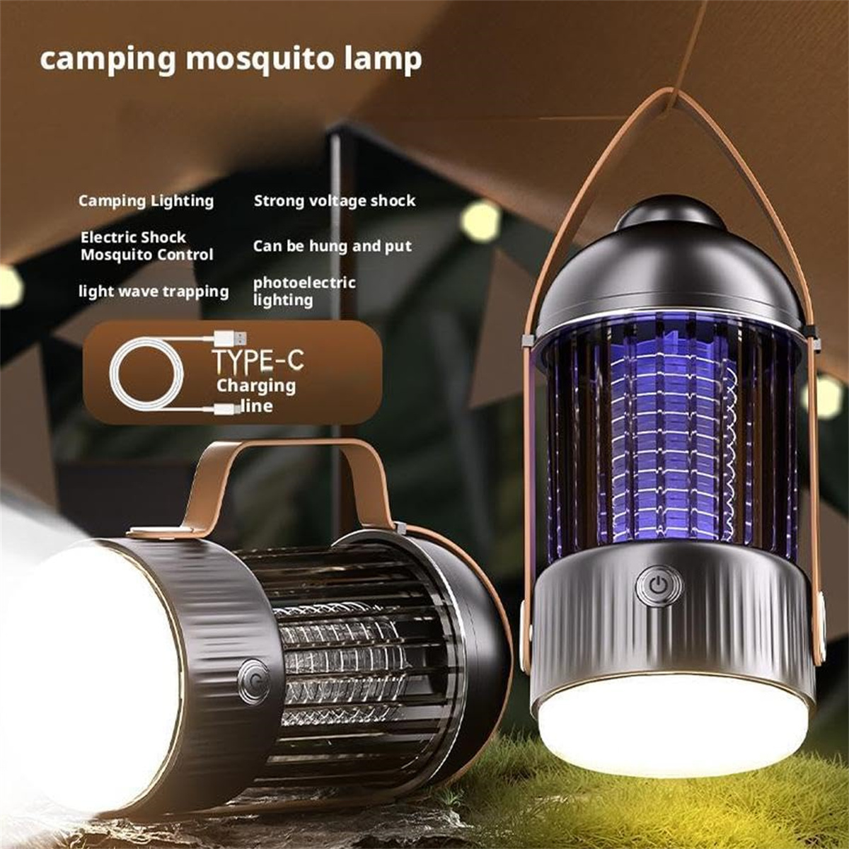 Zwei Mückenlampen und Text: 'Camping Mückenlampe'. Eine Lampe leuchtet, die andere hat Text über Funktionen.