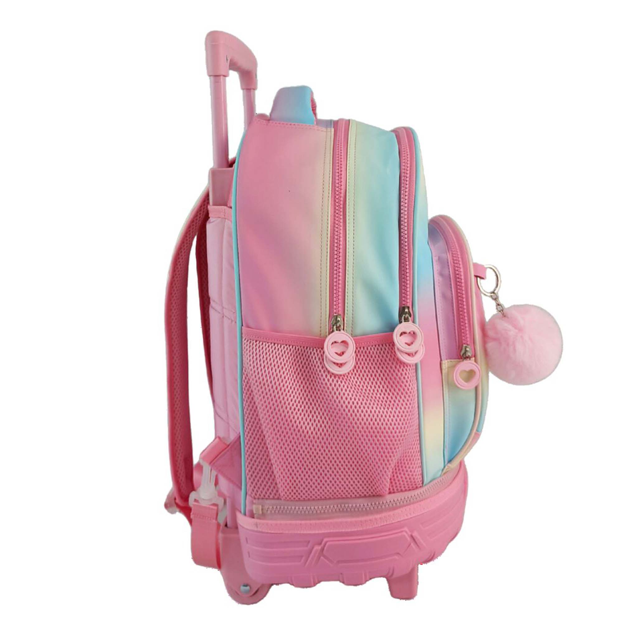 Zaino con ruote con gradiente arcobaleno, dettagli rosa, tasca laterale in rete e pompon.