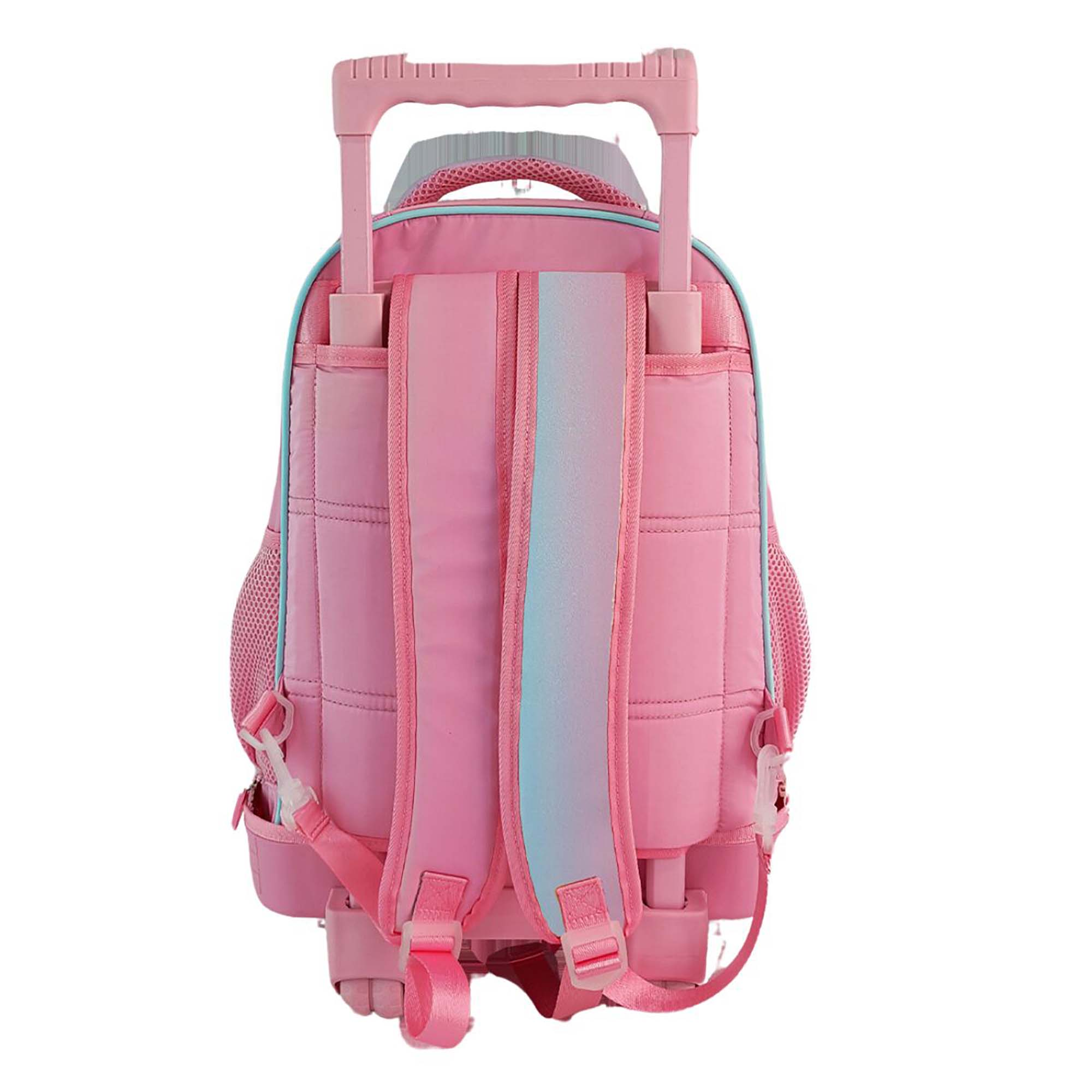 Zaino rosa con ruote, manico esteso e spallacci, vista posteriore.