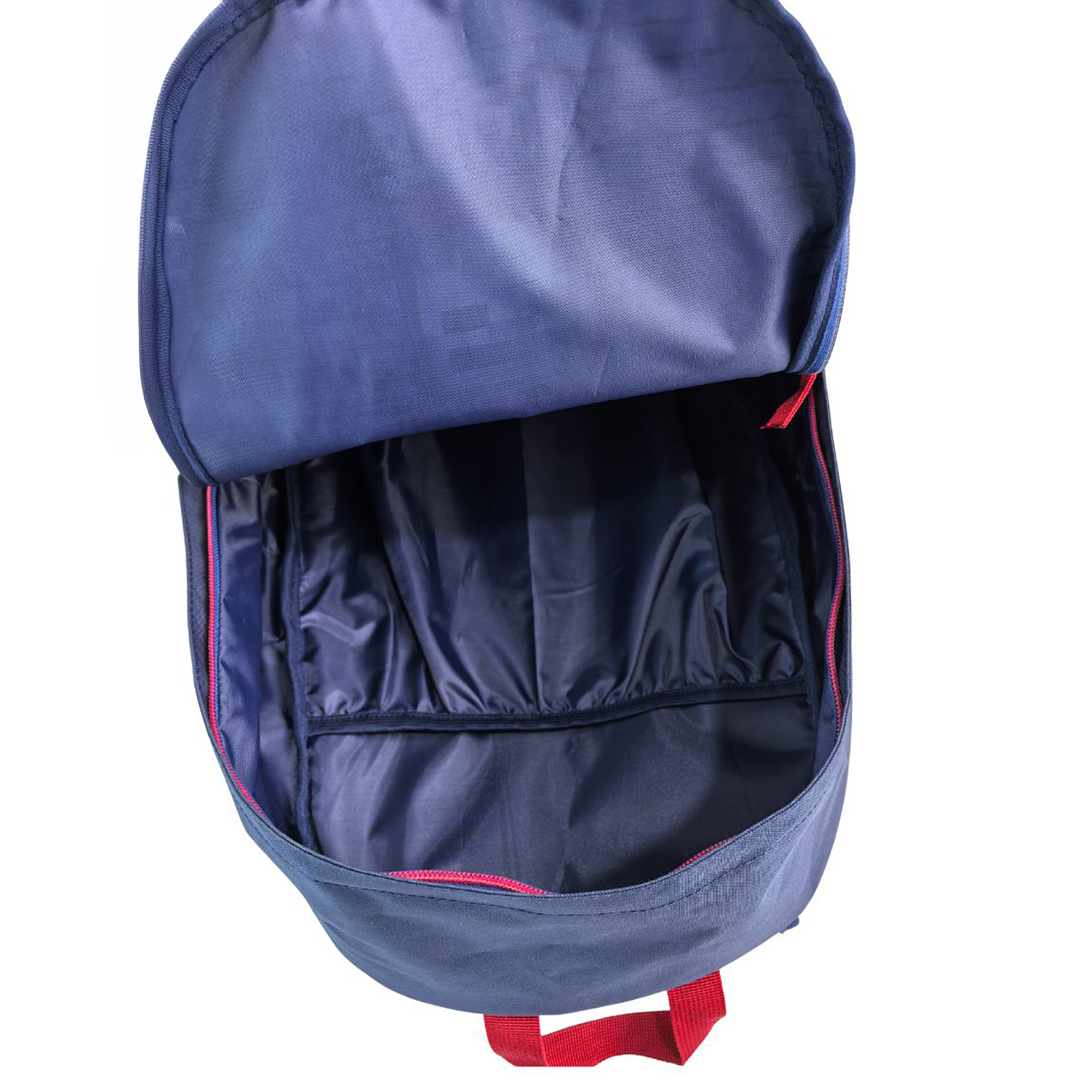 Zaino blu navy aperto con finiture rosse e fodera interna, visto dall'alto.