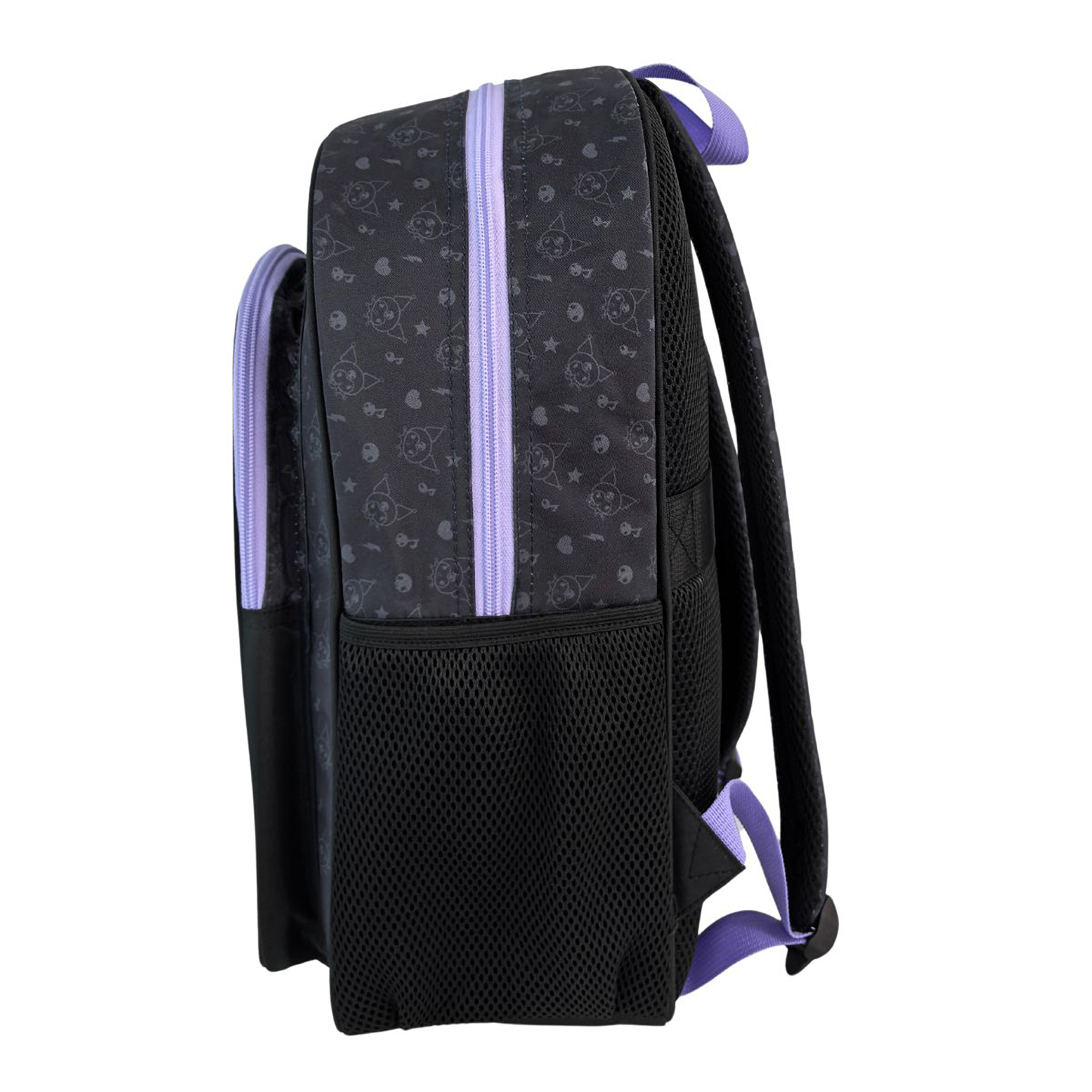 Zaino nero con cerniera e dettagli viola. Presenta un motivo di piccole forme nere.