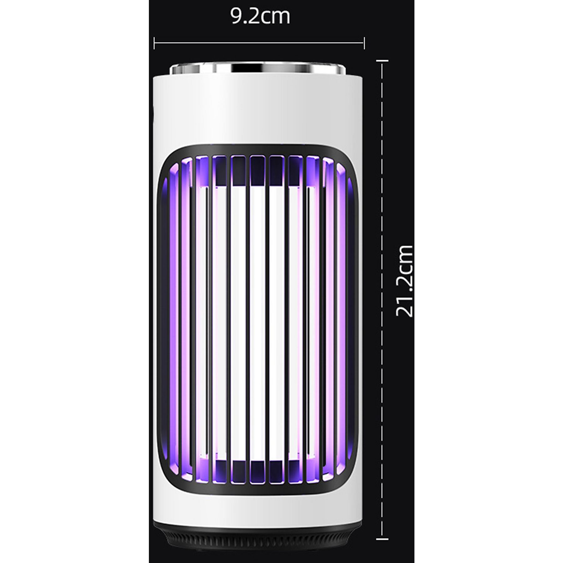 Weißer Insektenvernichter mit violetten UV-Lichtern. Das Gerät ist zylindrisch und hat einen schwarzen Rahmen.